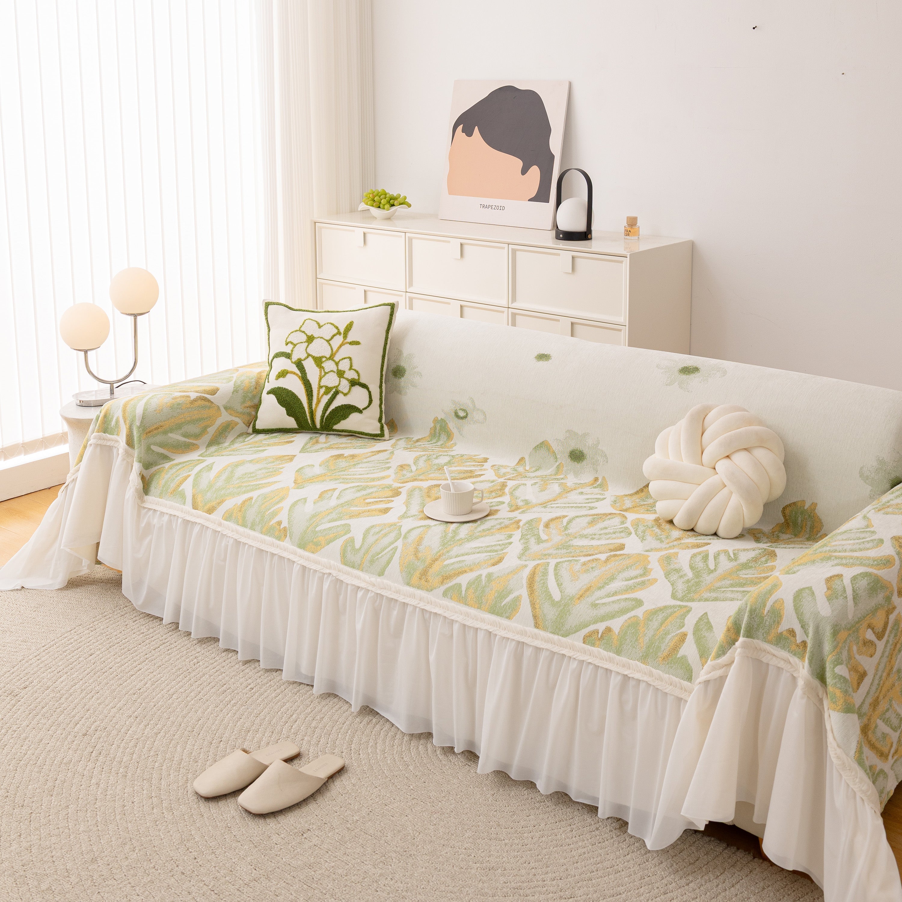Botanical Sofa Cover with Chiffon Skirt, Floral Couch Throw Blanket for All-Season