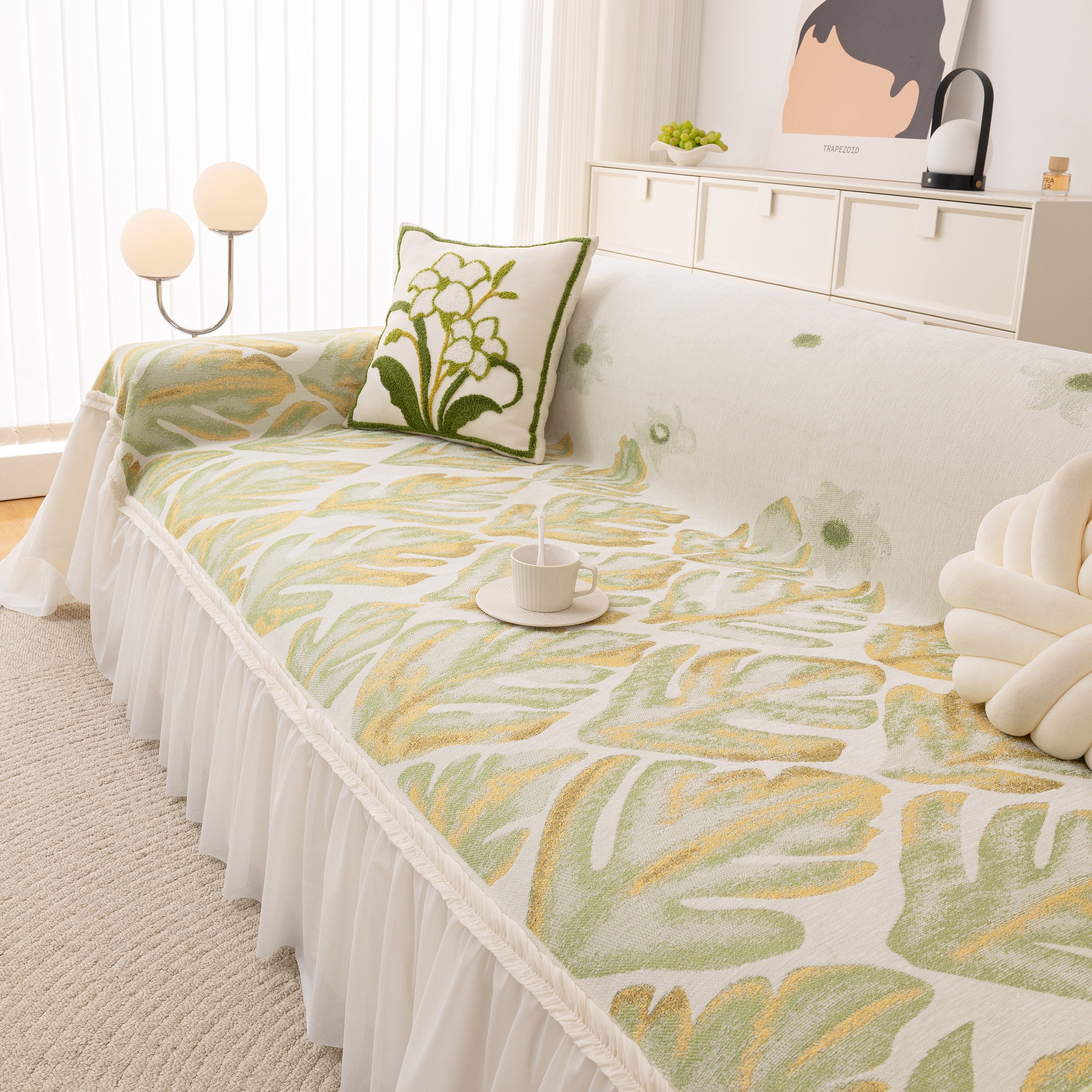 Botanical Sofa Cover with Chiffon Skirt, Floral Couch Throw Blanket for All-Season