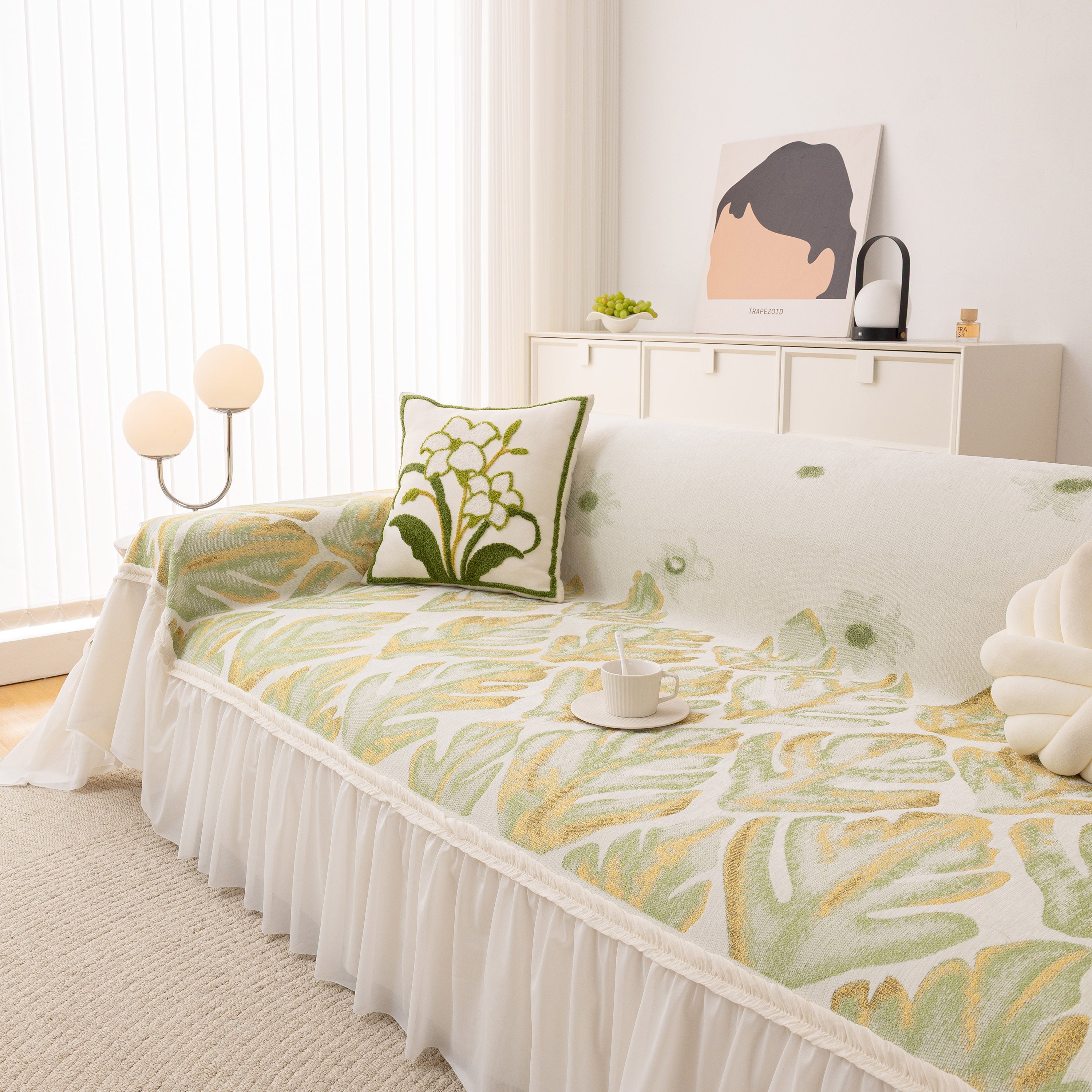 Botanical Sofa Cover with Chiffon Skirt, Floral Couch Throw Blanket for All-Season