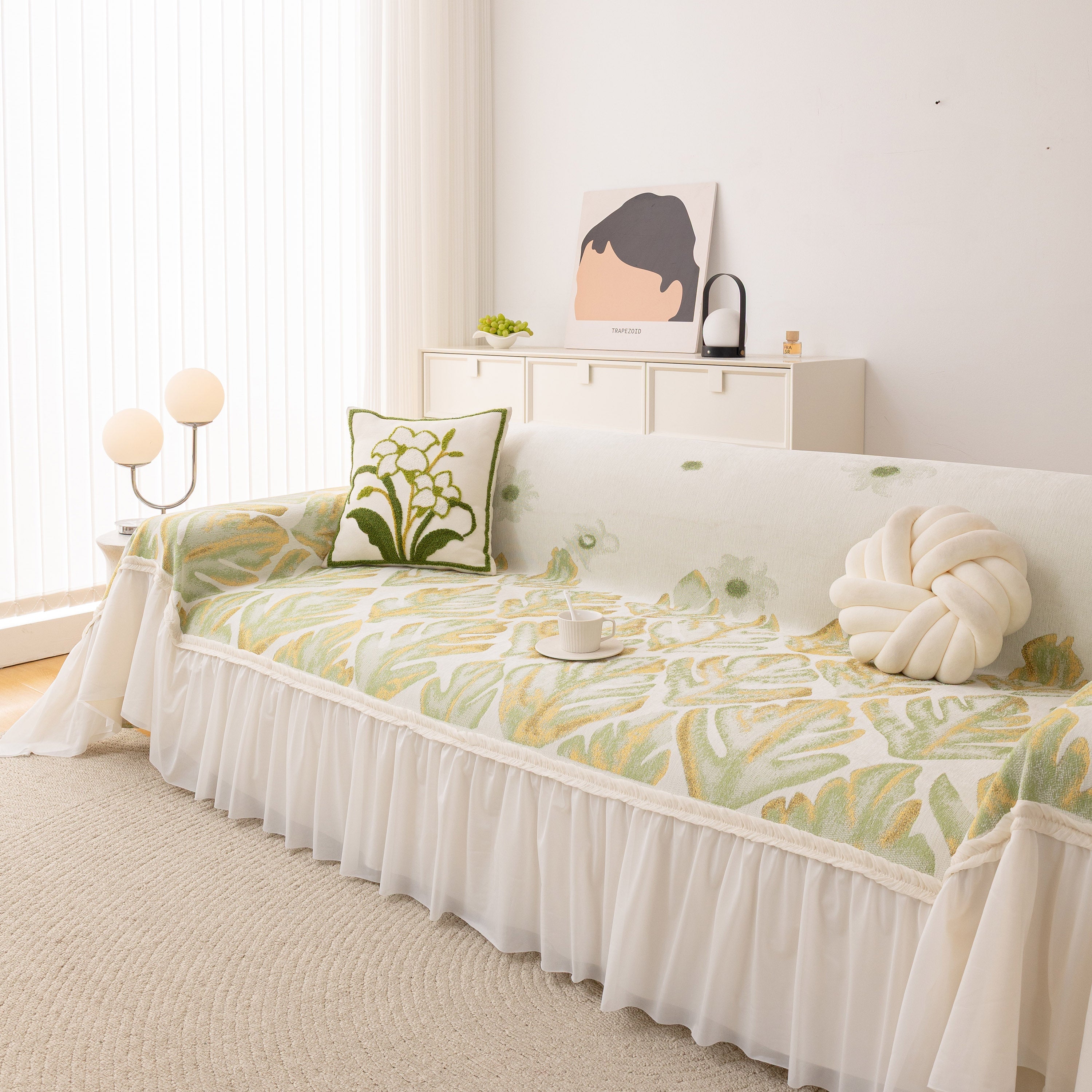 Botanical Sofa Cover with Chiffon Skirt, Floral Couch Throw Blanket for All-Season