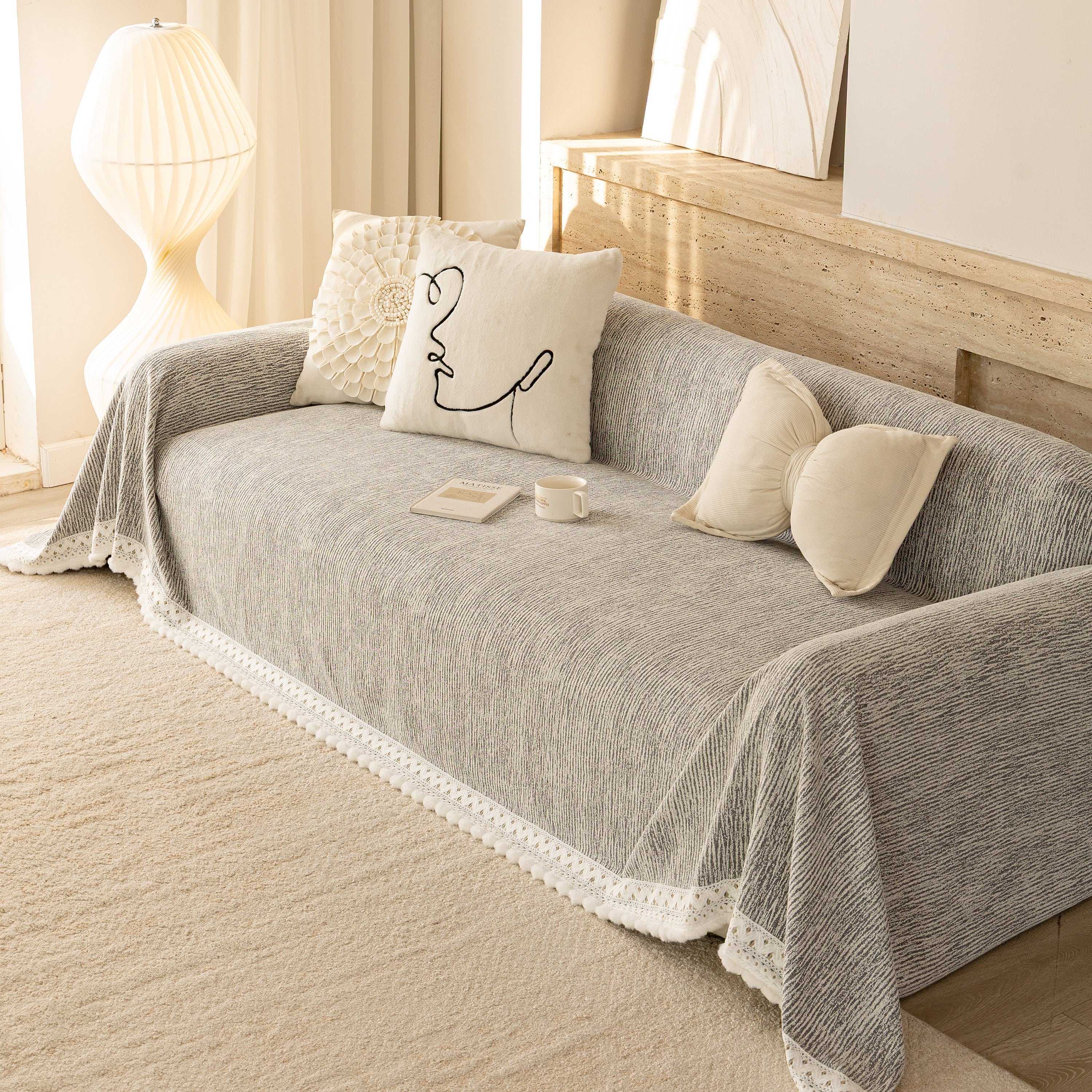 Sofa Cover Throw with Lace Trim & Pom-Pom Fringe, Decorative Couch Cover Blanket