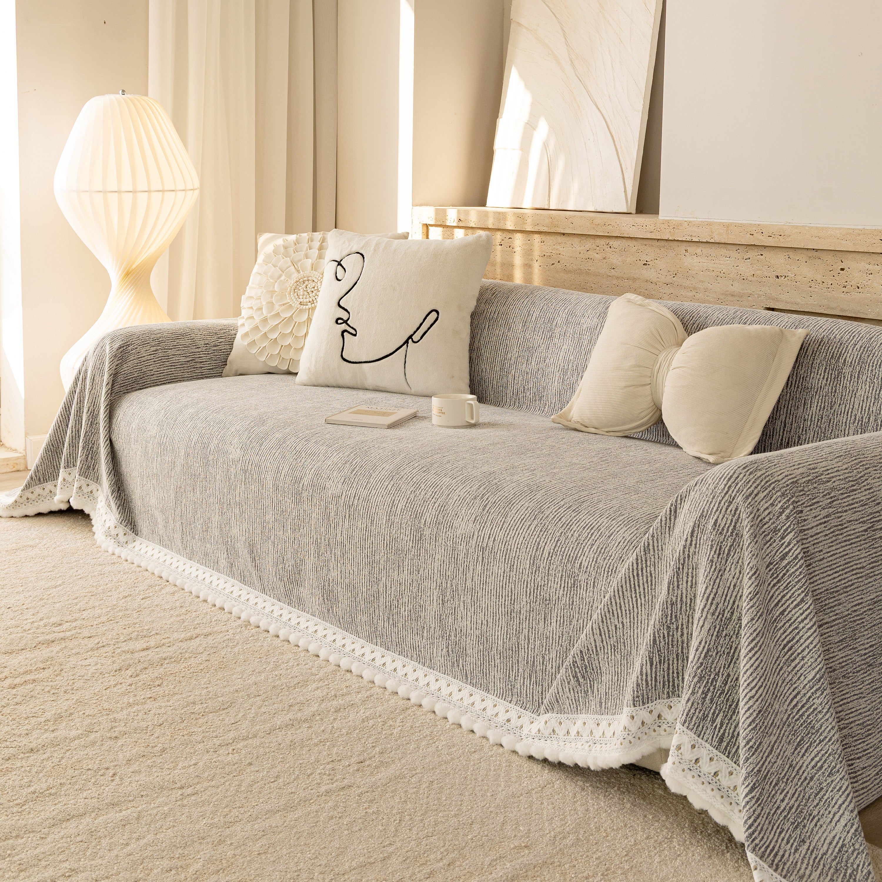 Sofa Cover Throw with Lace Trim & Pom-Pom Fringe, Decorative Couch Cover Blanket