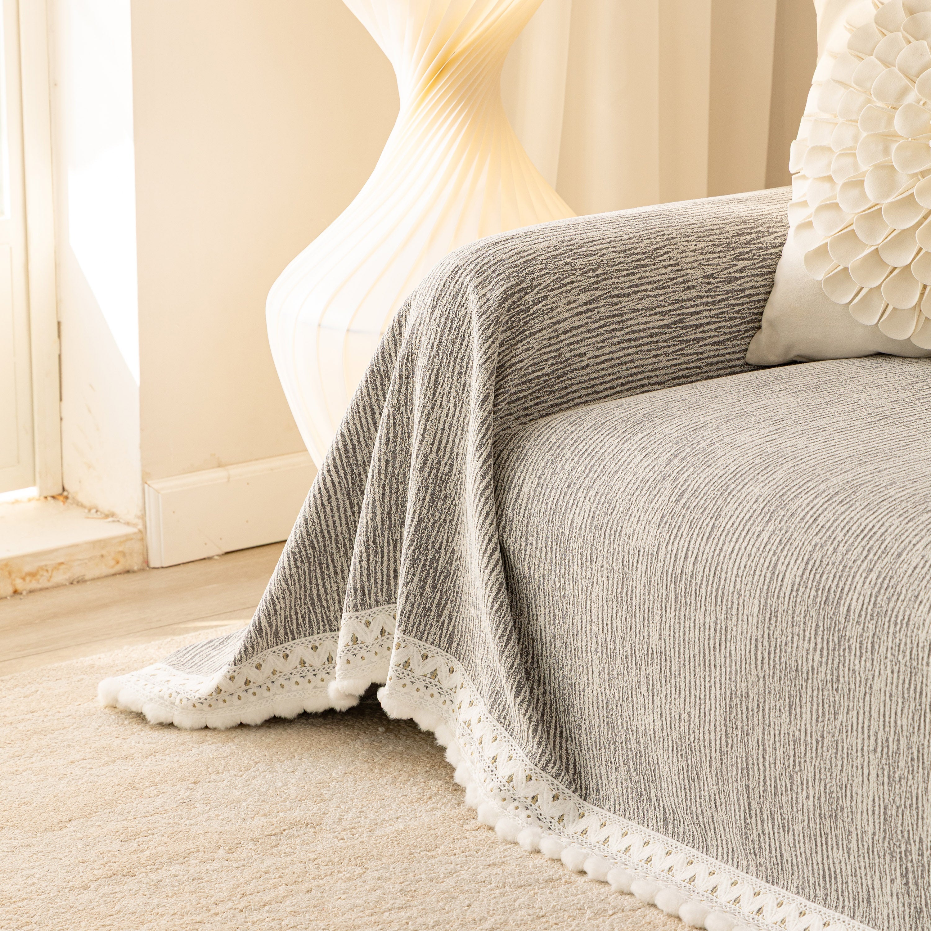 Sofa Cover Throw with Lace Trim & Pom-Pom Fringe, Decorative Couch Cover Blanket