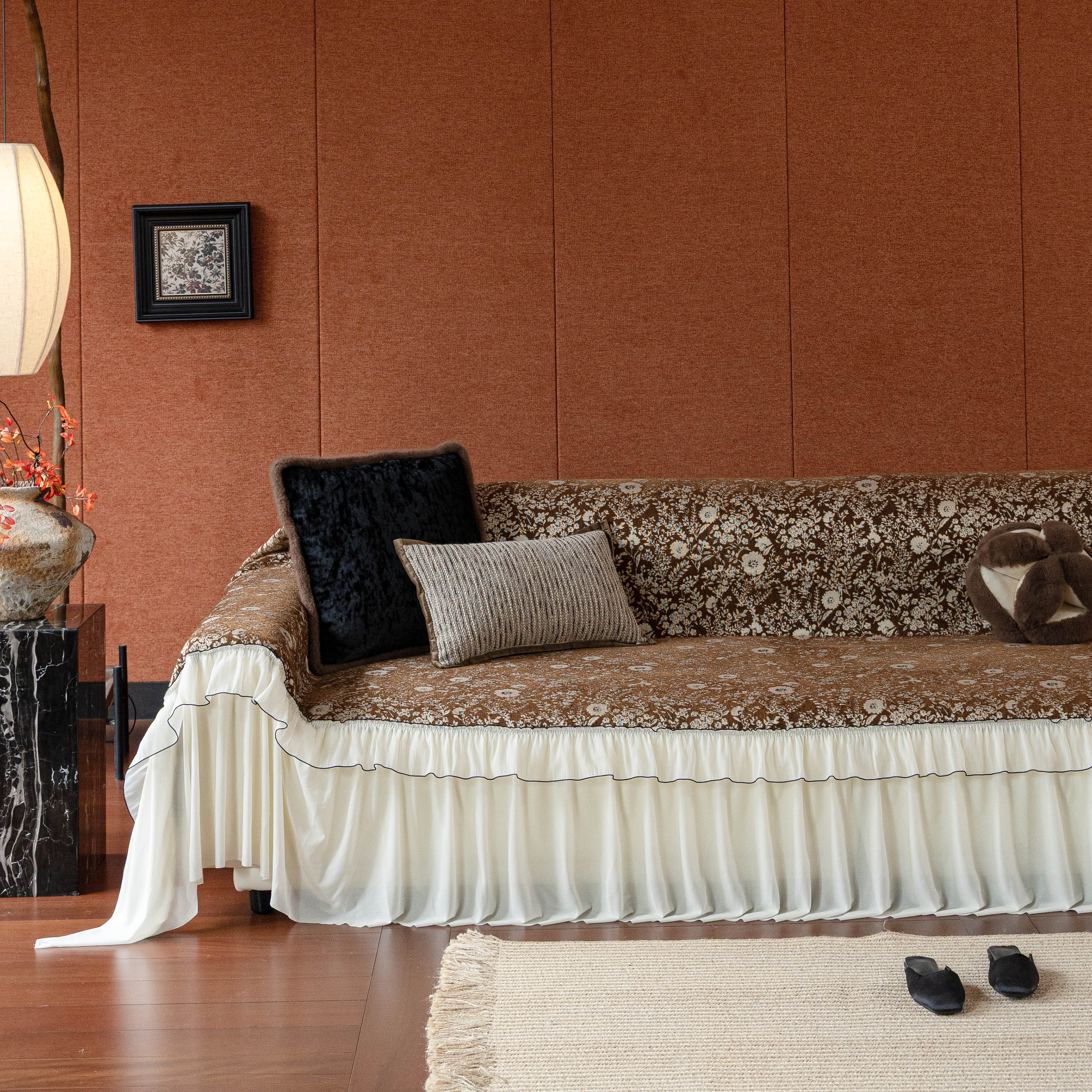 French Country Floral Sofa Cover with Chiffon Ruffle Skirt, Vintage Sofa Throw Cover