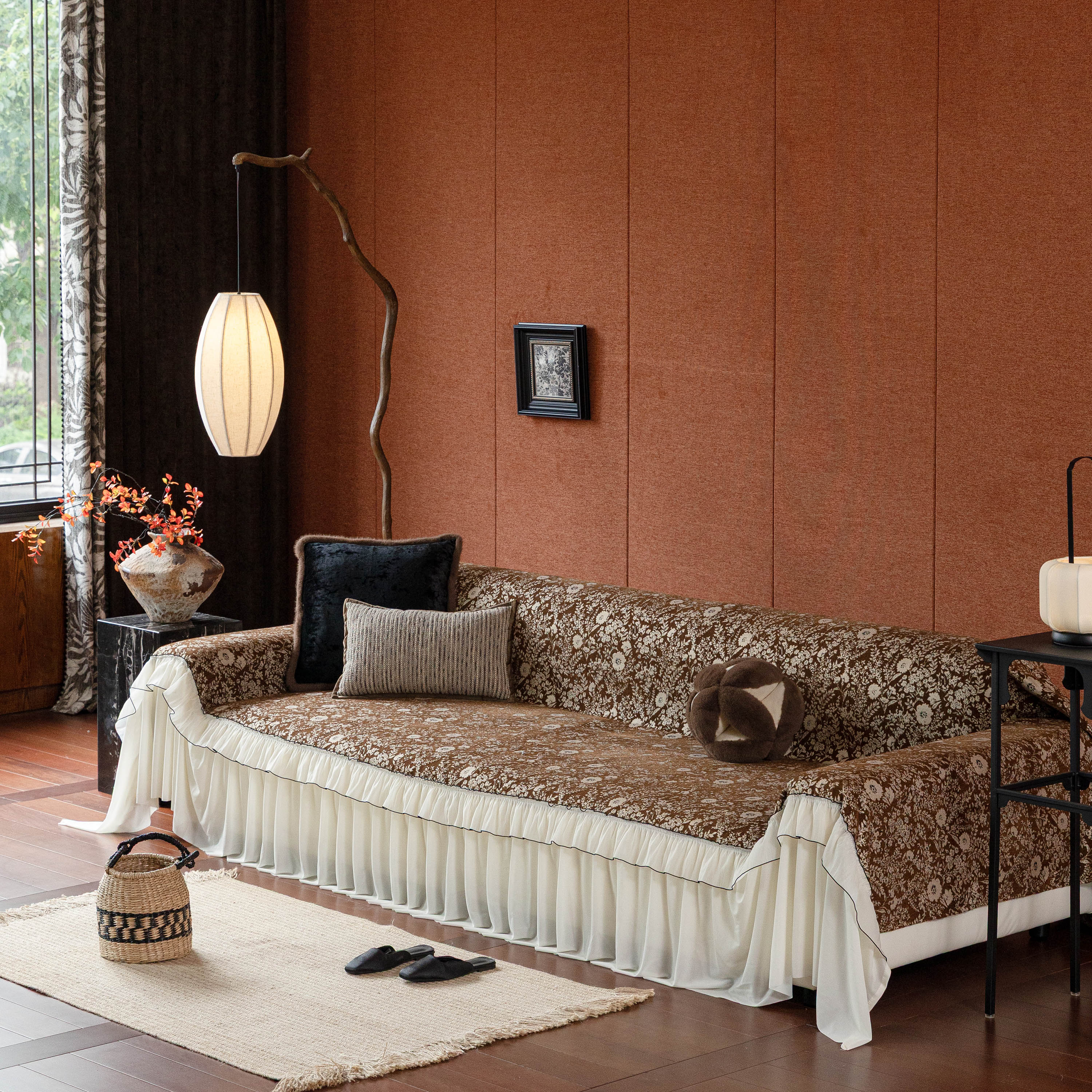 French Country Floral Sofa Cover with Chiffon Ruffle Skirt, Vintage Sofa Throw Cover