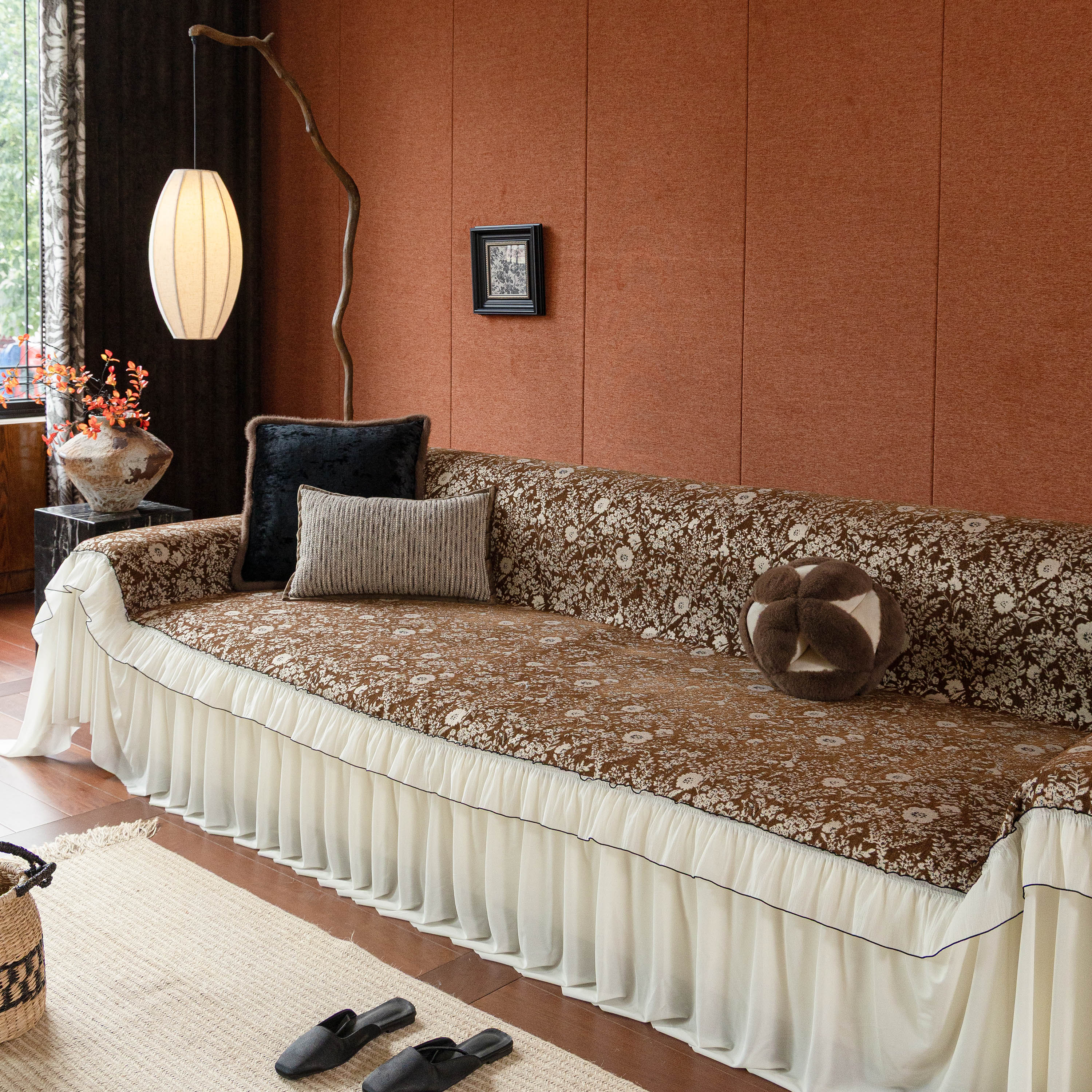 French Country Floral Sofa Cover with Chiffon Ruffle Skirt, Vintage Sofa Throw Cover