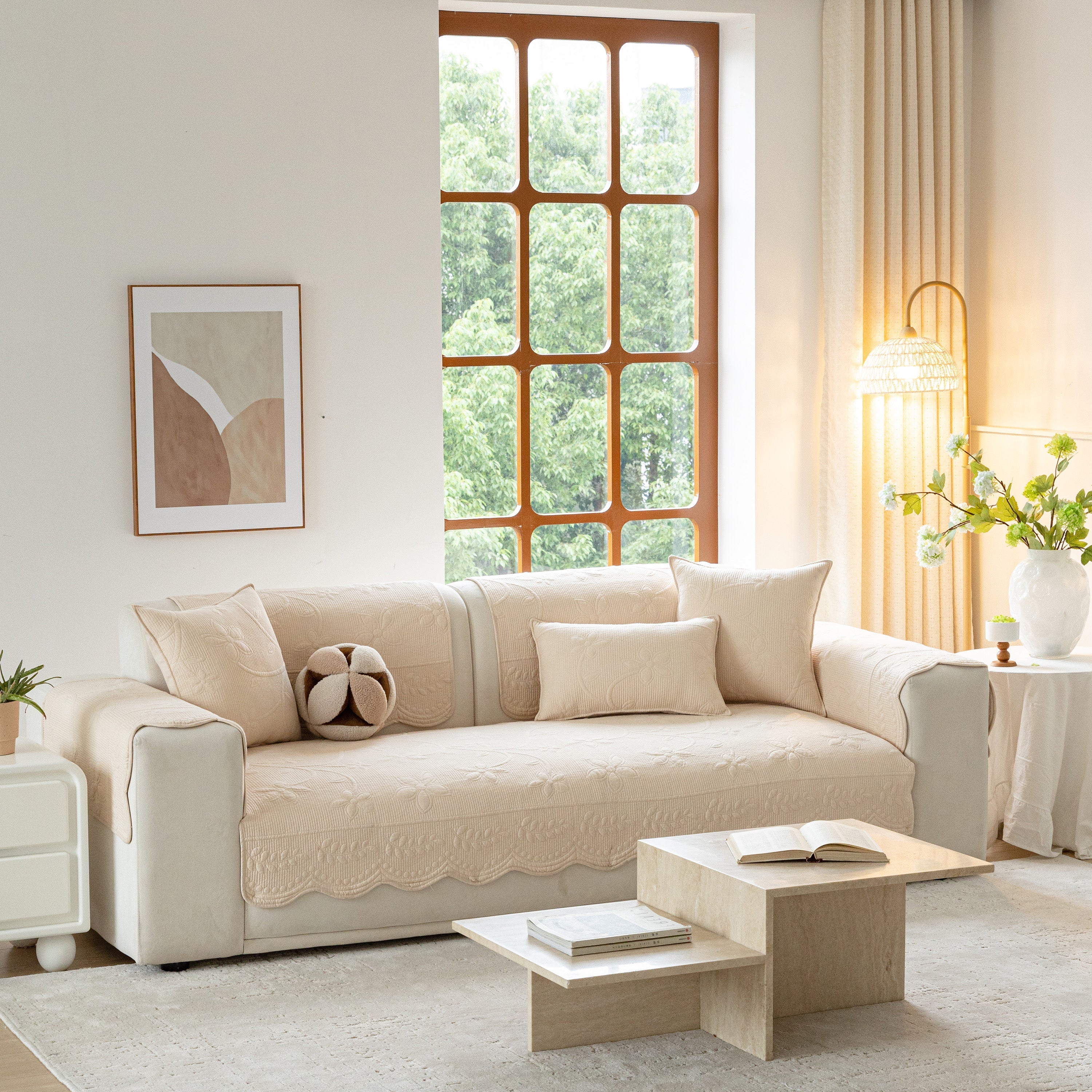 Floral Cotton Quilted Sofa Cover, Non-Slip Couch Protector with Scalloped Edges