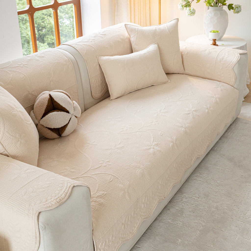 Floral Cotton Quilted Sofa Cover, Non-Slip Couch Protector with Scalloped Edges