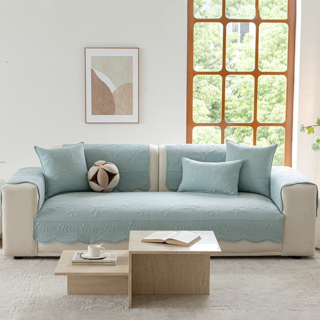 Floral Cotton Quilted Sofa Cover, Non-Slip Couch Protector with Scalloped Edges