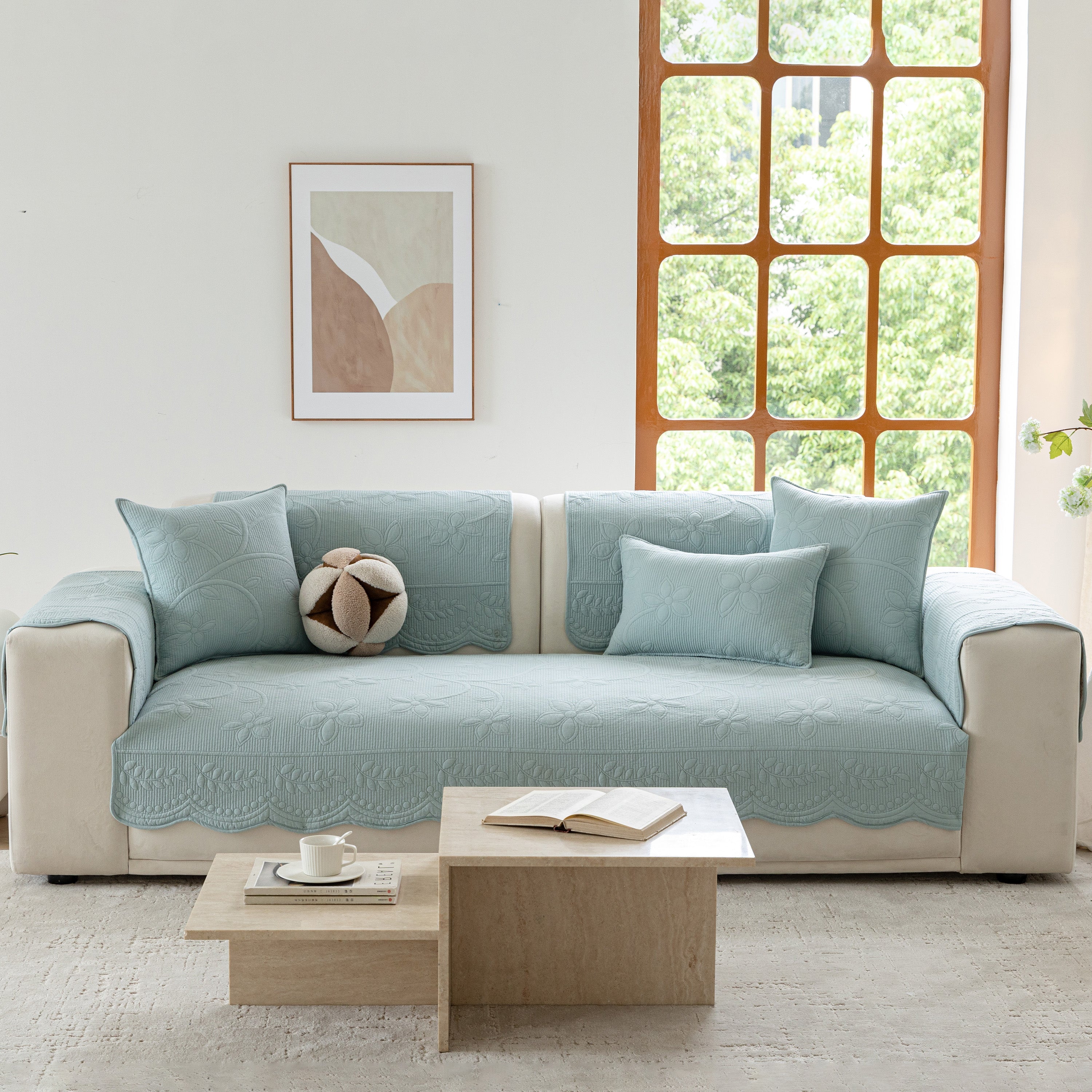 Floral Cotton Quilted Sofa Cover, Non-Slip Couch Protector with Scalloped Edges