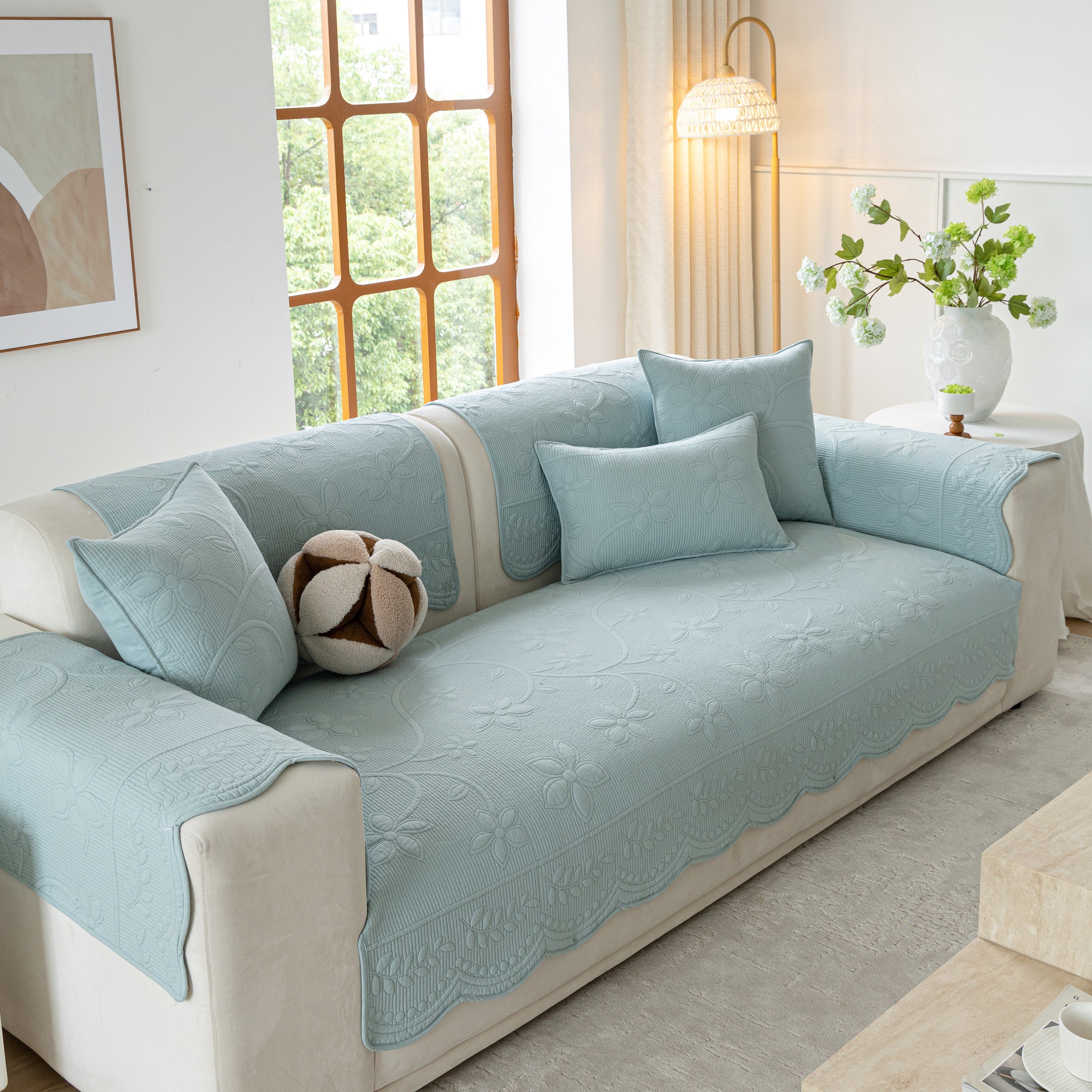 Floral Cotton Quilted Sofa Cover, Non-Slip Couch Protector with Scalloped Edges