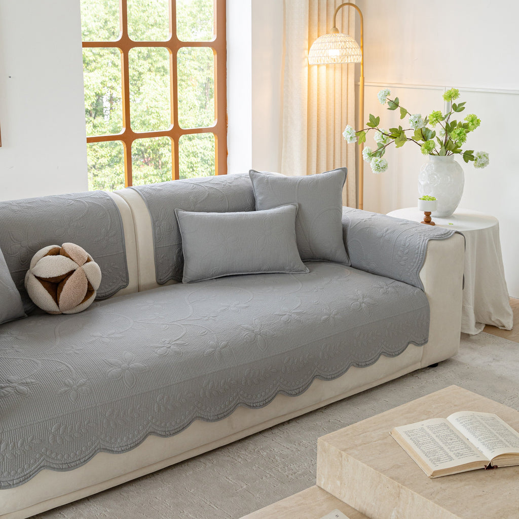 Floral Cotton Quilted Sofa Cover, Non-Slip Couch Protector with Scalloped Edges