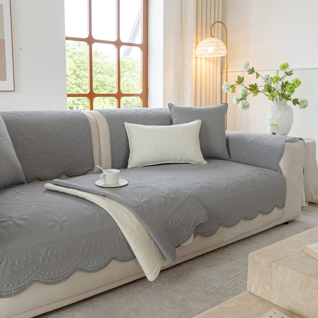 Floral Cotton Quilted Sofa Cover, Non-Slip Couch Protector with Scalloped Edges