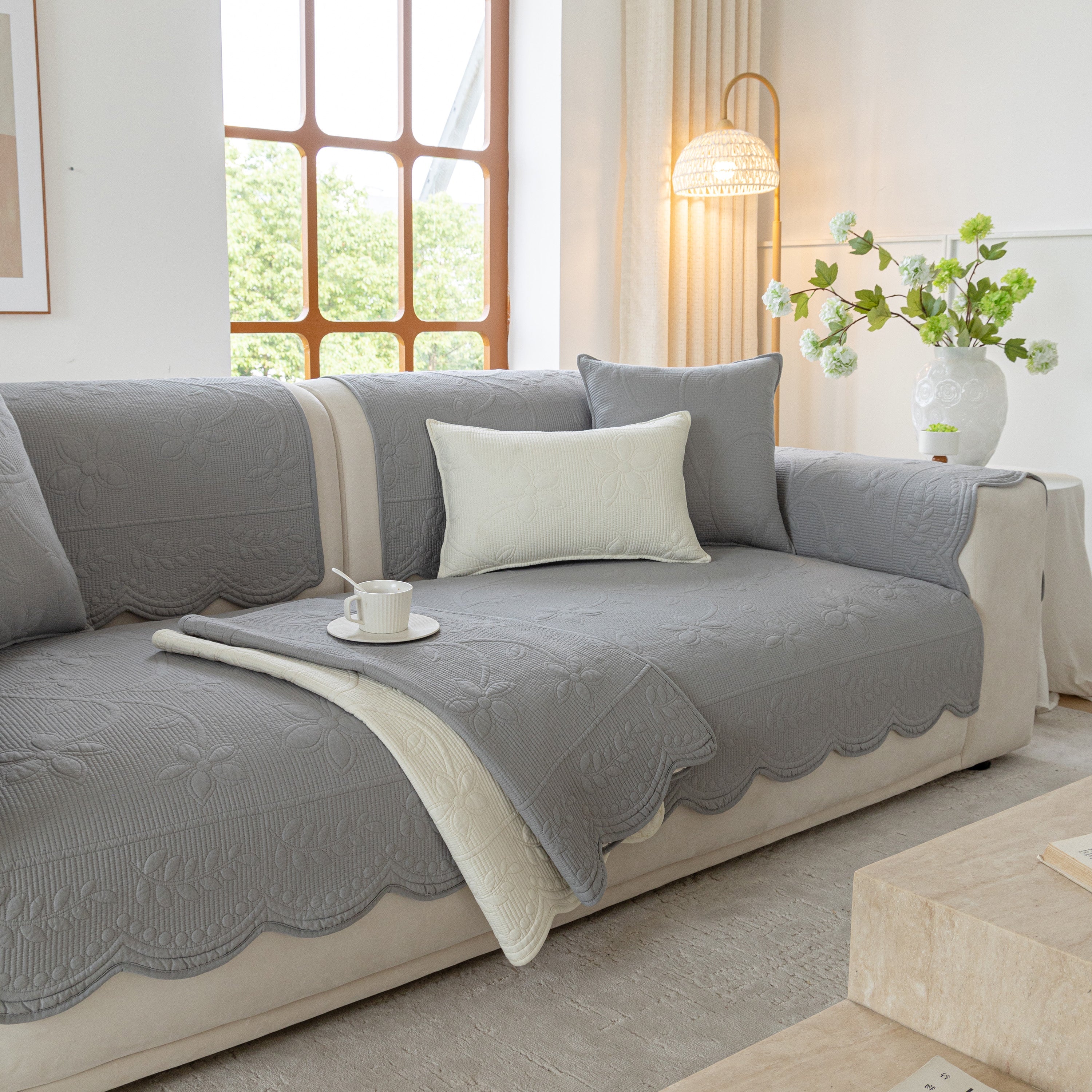 Floral Cotton Quilted Sofa Cover, Non-Slip Couch Protector with Scalloped Edges