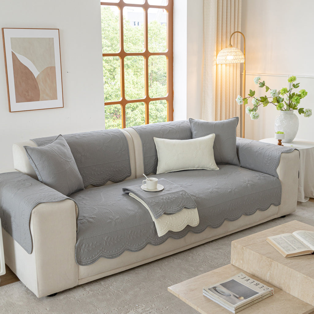 Floral Cotton Quilted Sofa Cover, Non-Slip Couch Protector with Scalloped Edges