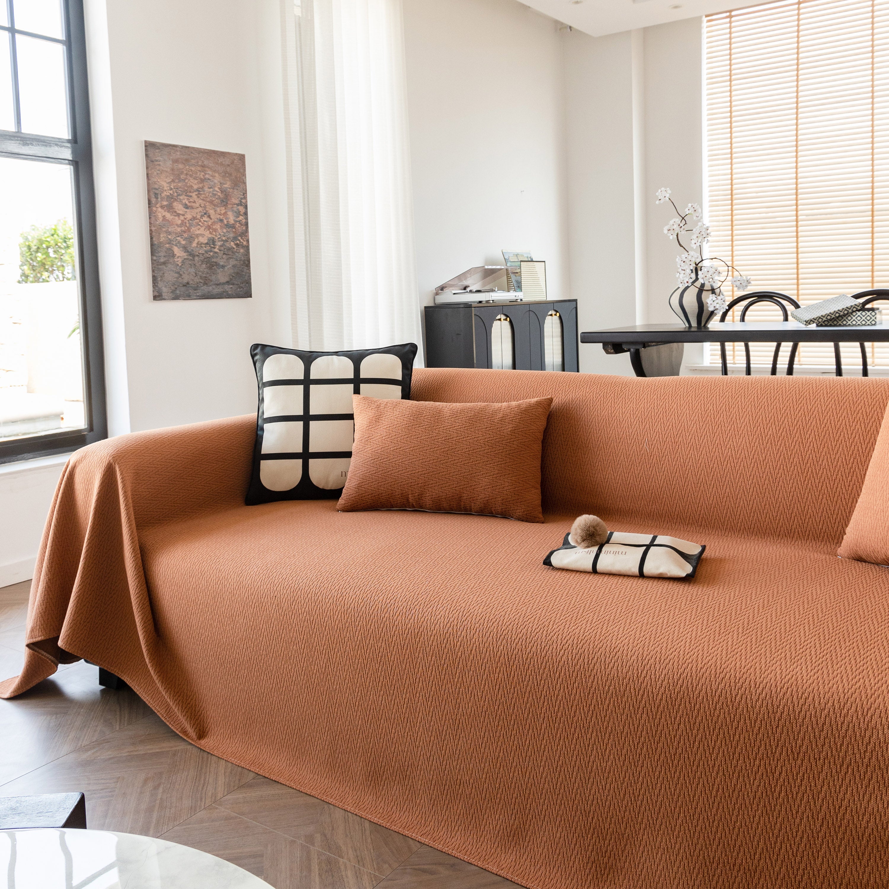 Herringbone Textured Sofa Throw Blanket, Durable Pet Friendly Modern Couch Slipcover