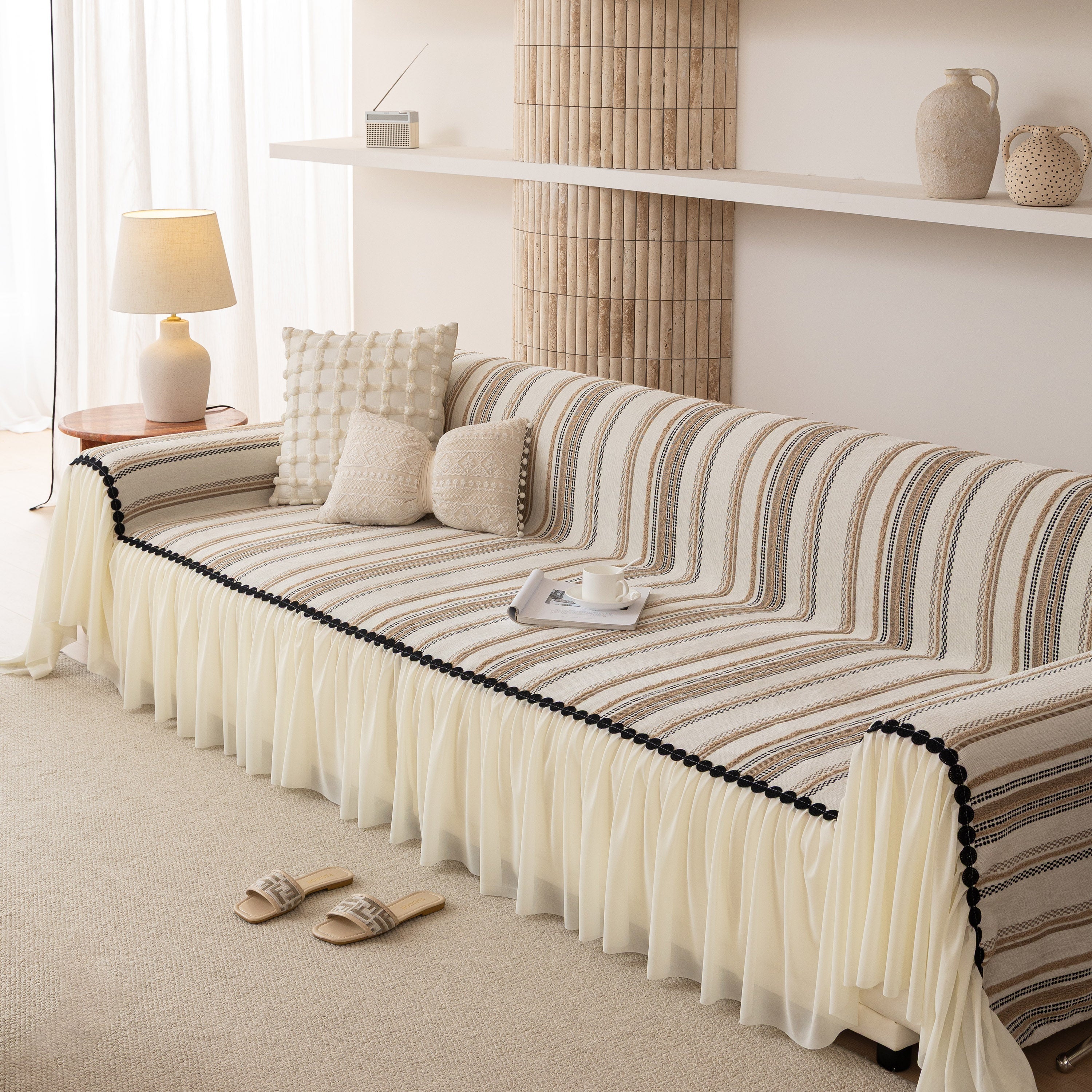 Boho Striped Couch Cover with Sheer Ruffle Skirt, Decorative Couch Throw Blanket