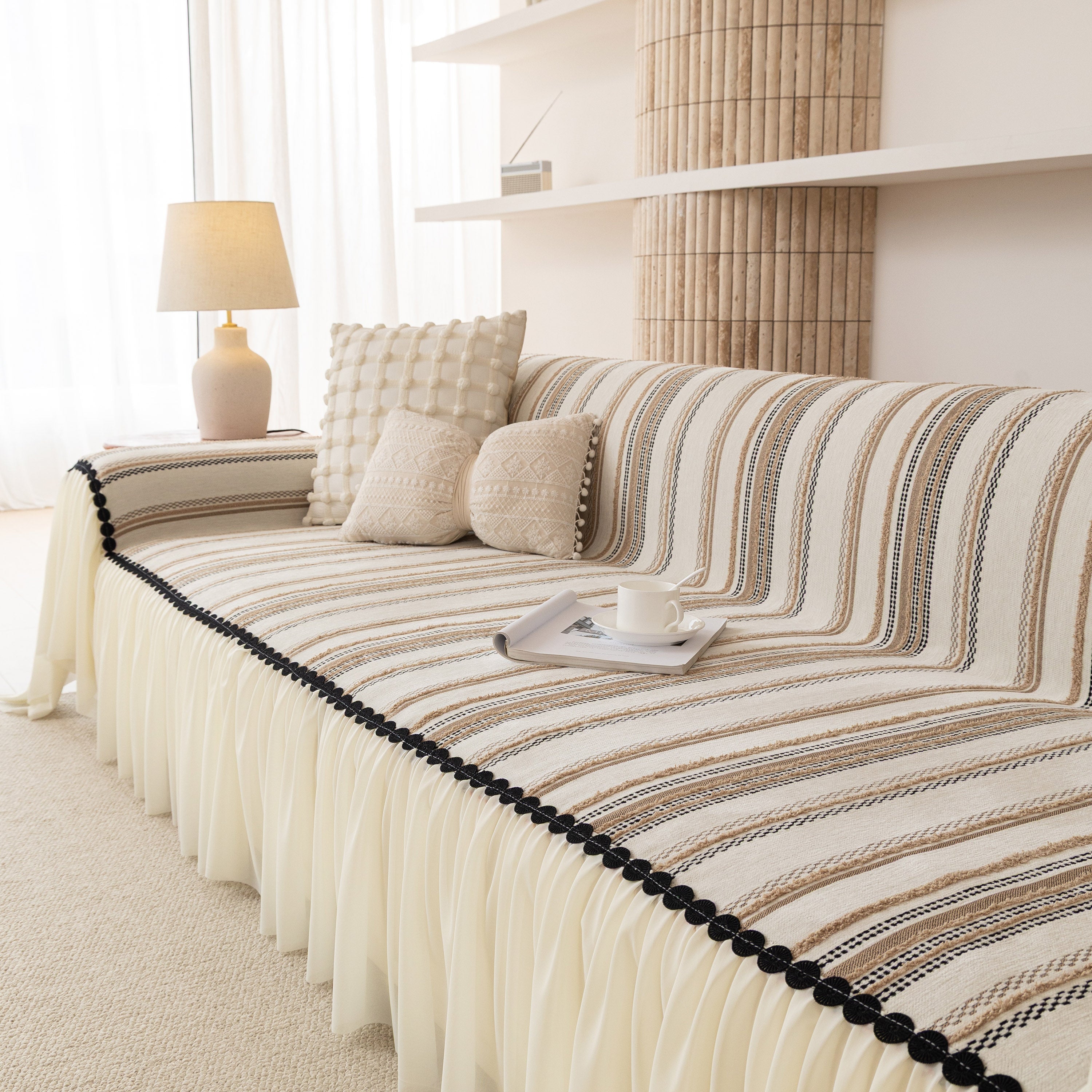 Boho Striped Couch Cover with Sheer Ruffle Skirt, Decorative Couch Throw Blanket