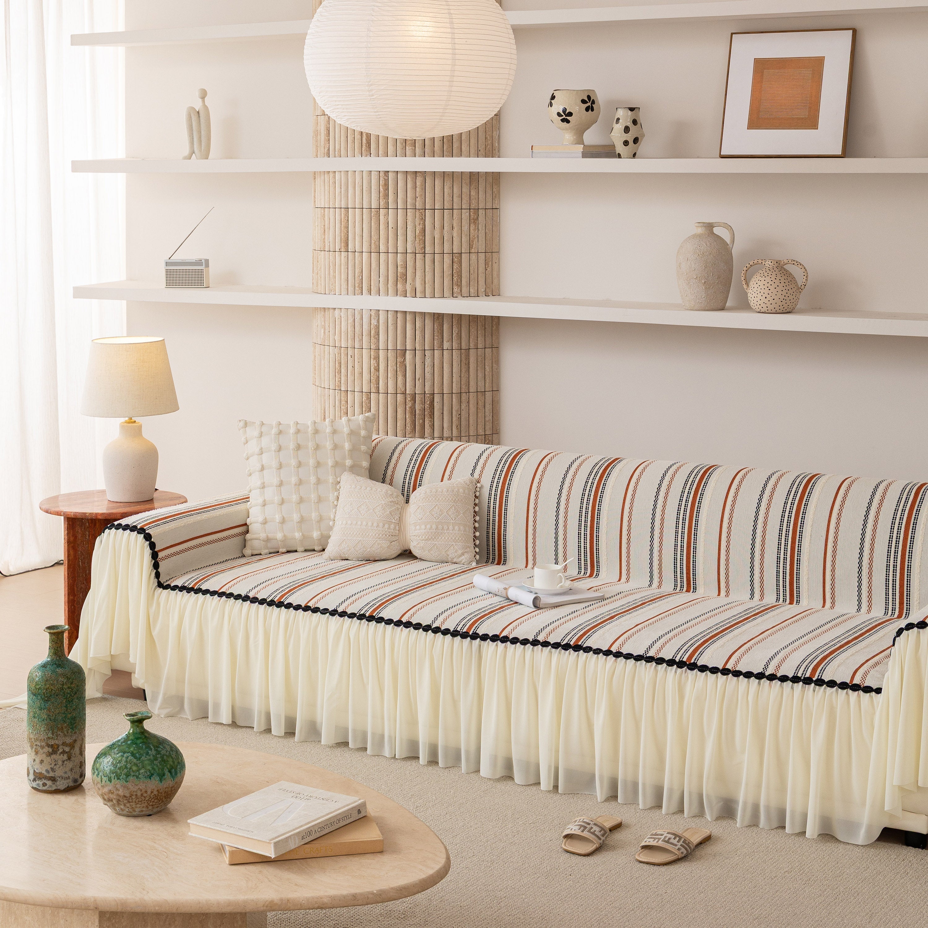 Boho Striped Couch Cover with Sheer Ruffle Skirt, Decorative Couch Throw Blanket