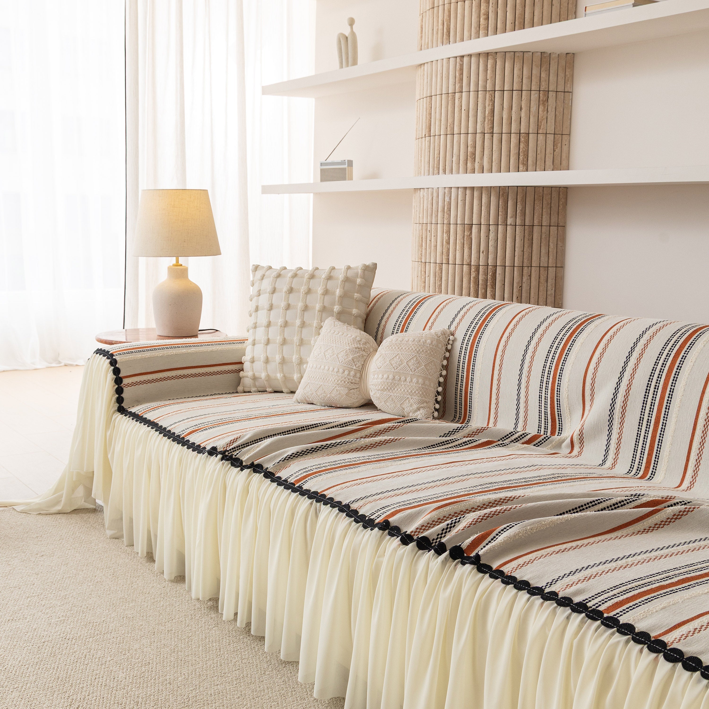 Boho Striped Couch Cover with Sheer Ruffle Skirt, Decorative Couch Throw Blanket