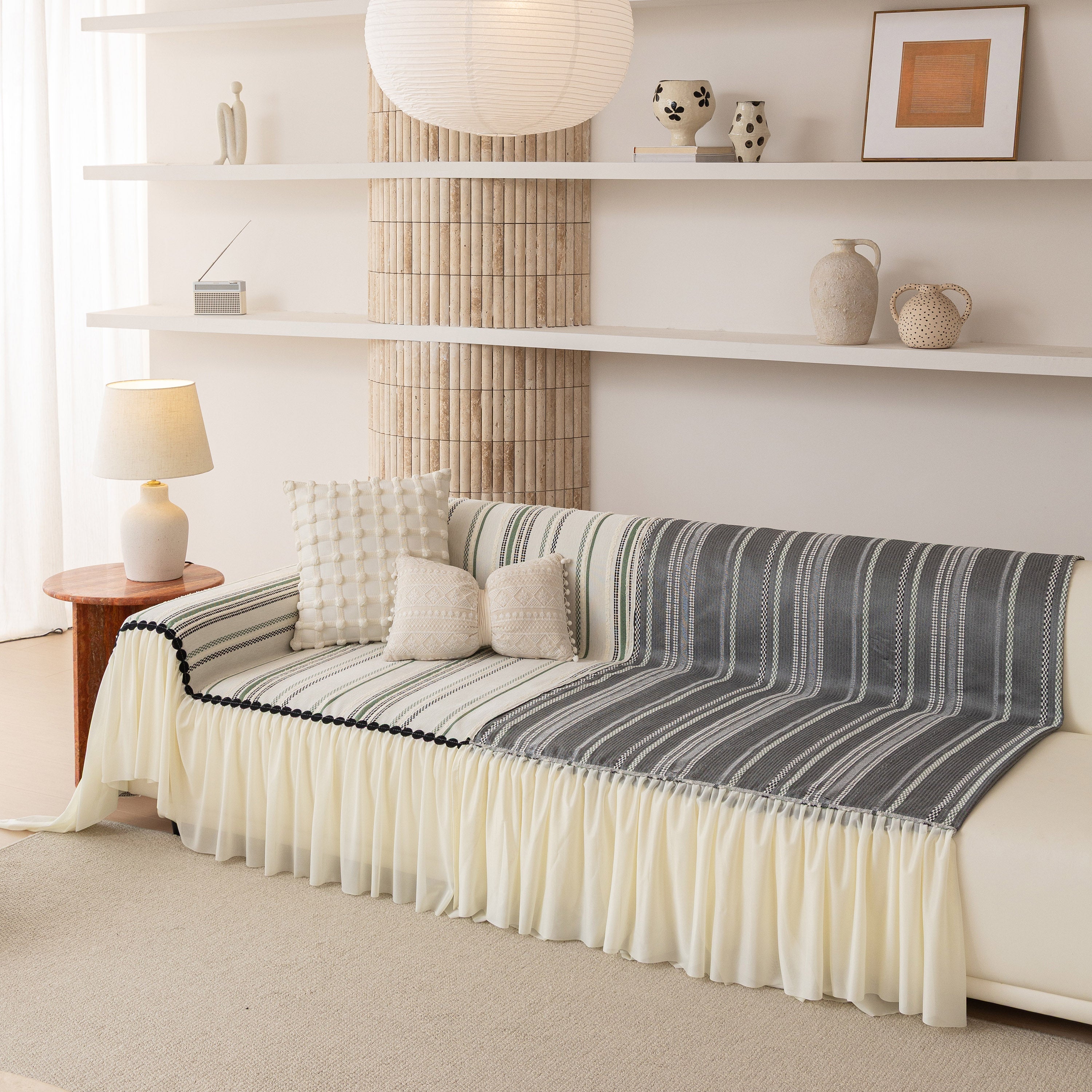 Boho Striped Couch Cover with Sheer Ruffle Skirt, Decorative Couch Throw Blanket