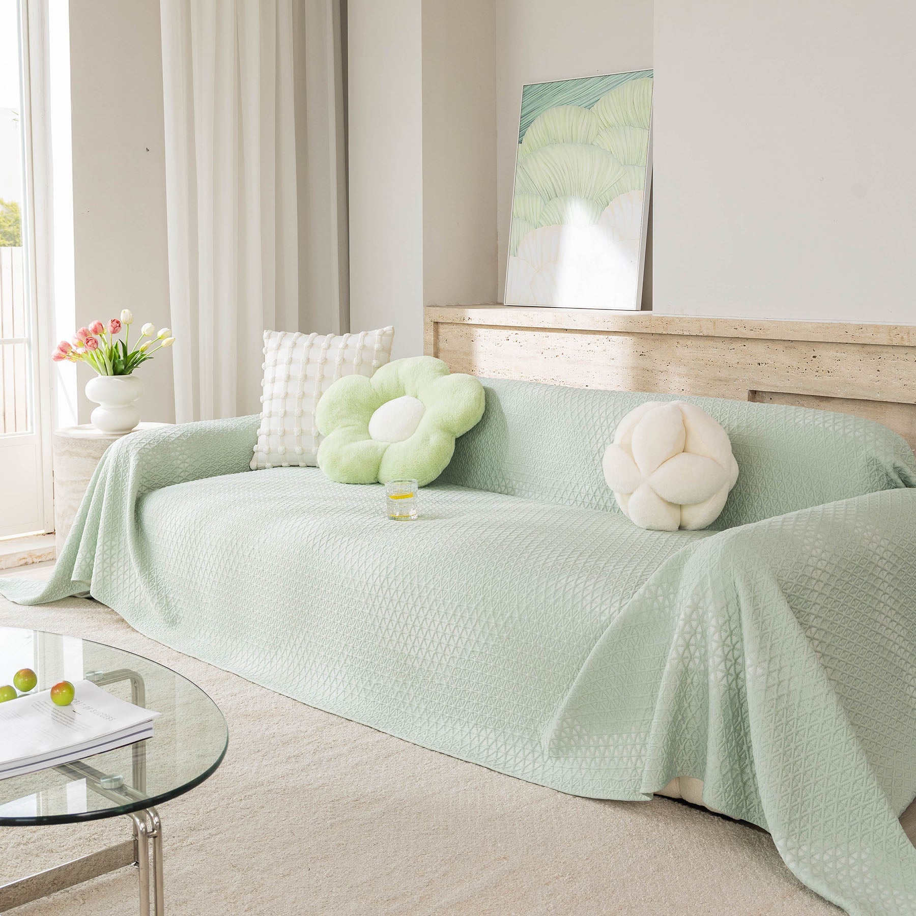 Cooling Ice Silk Sofa Throw Cover, Summer Diamond Textured Furniture Protector Blanket