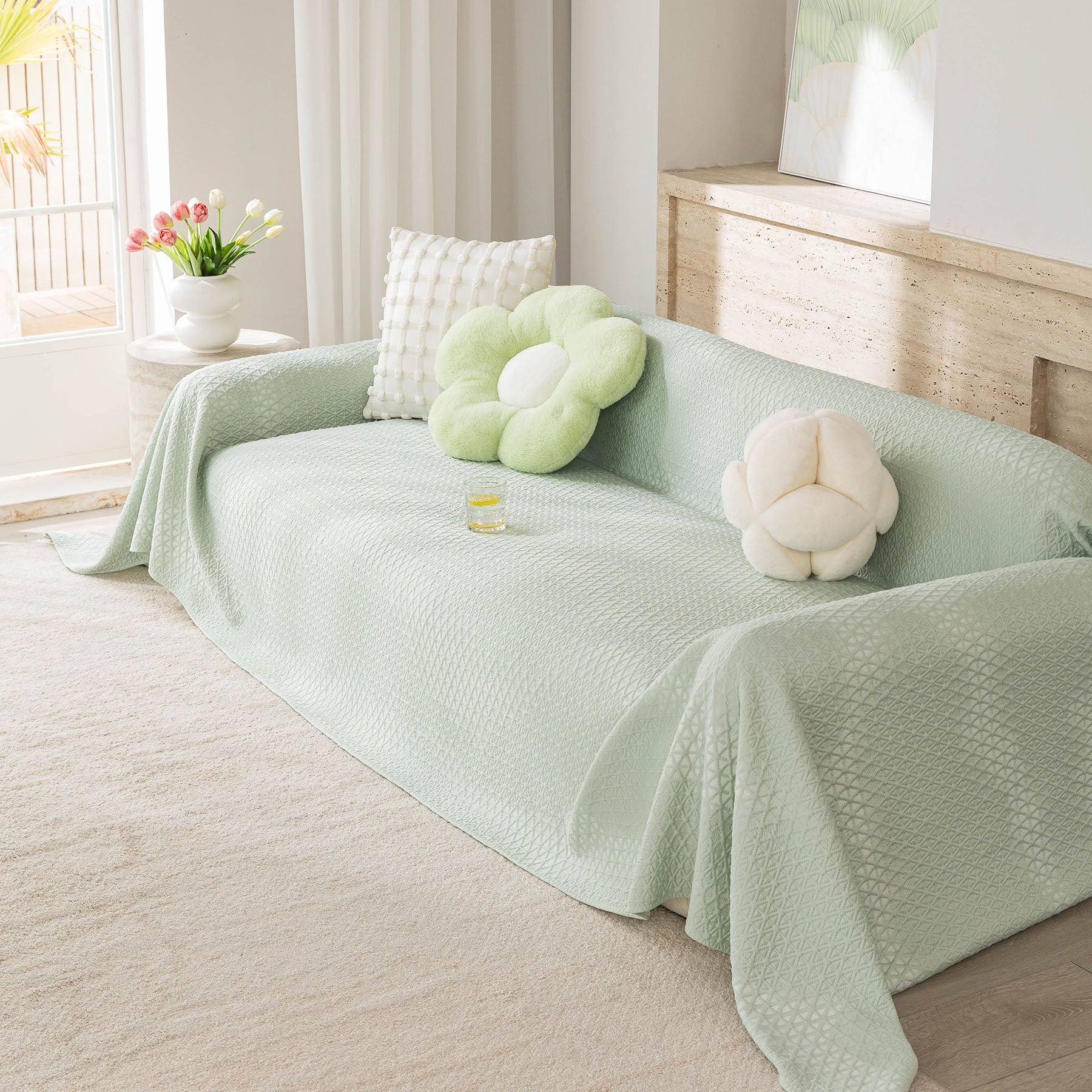Cooling Ice Silk Sofa Throw Cover, Summer Diamond Textured Furniture Protector Blanket