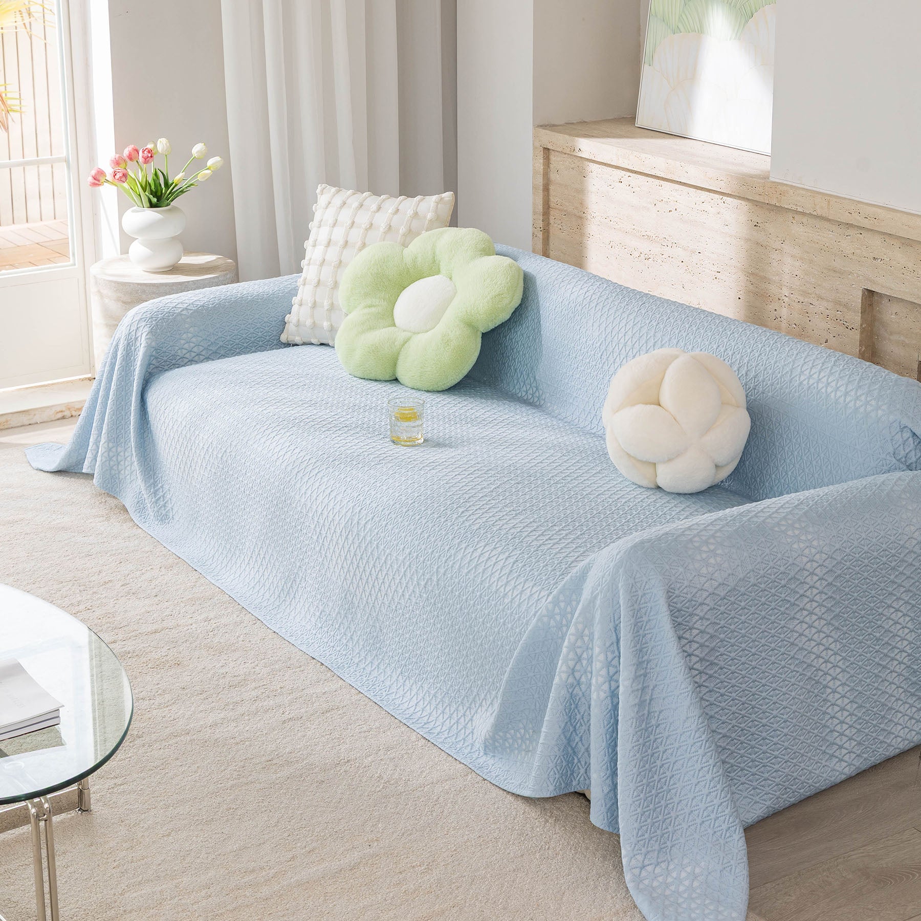 Cooling Ice Silk Sofa Throw Cover, Summer Diamond Textured Furniture Protector Blanket