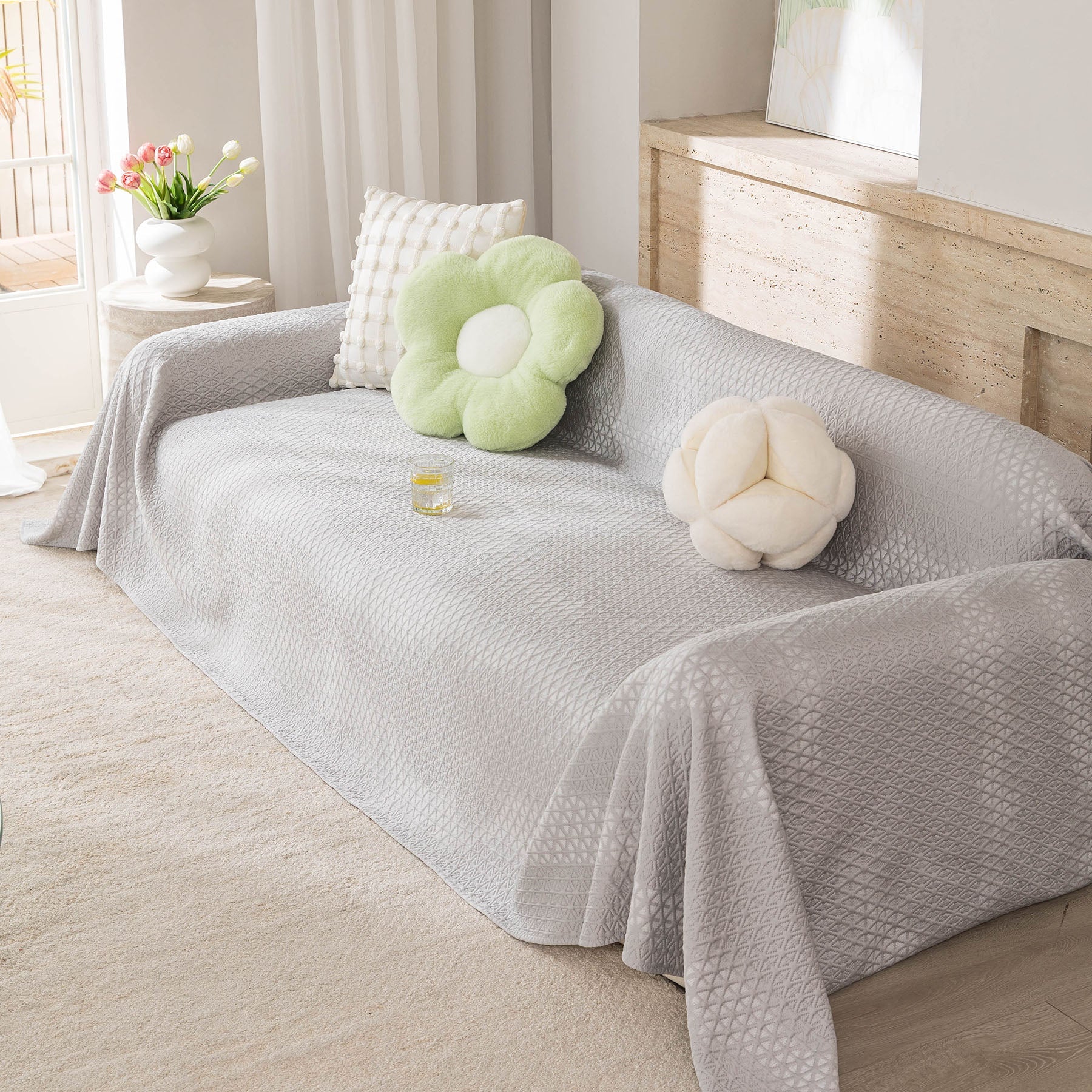 Cooling Ice Silk Sofa Throw Cover, Summer Diamond Textured Furniture Protector Blanket