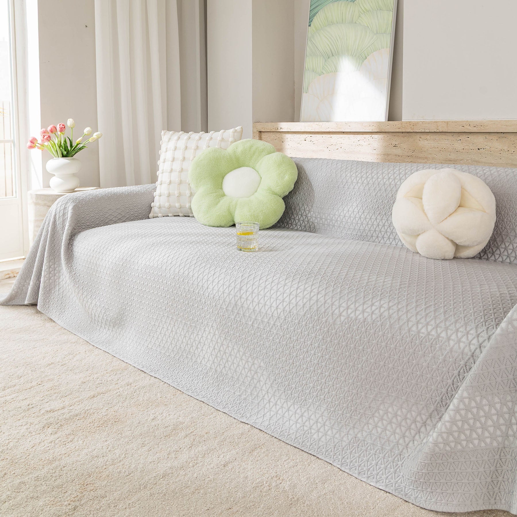 Cooling Ice Silk Sofa Throw Cover, Summer Diamond Textured Furniture Protector Blanket
