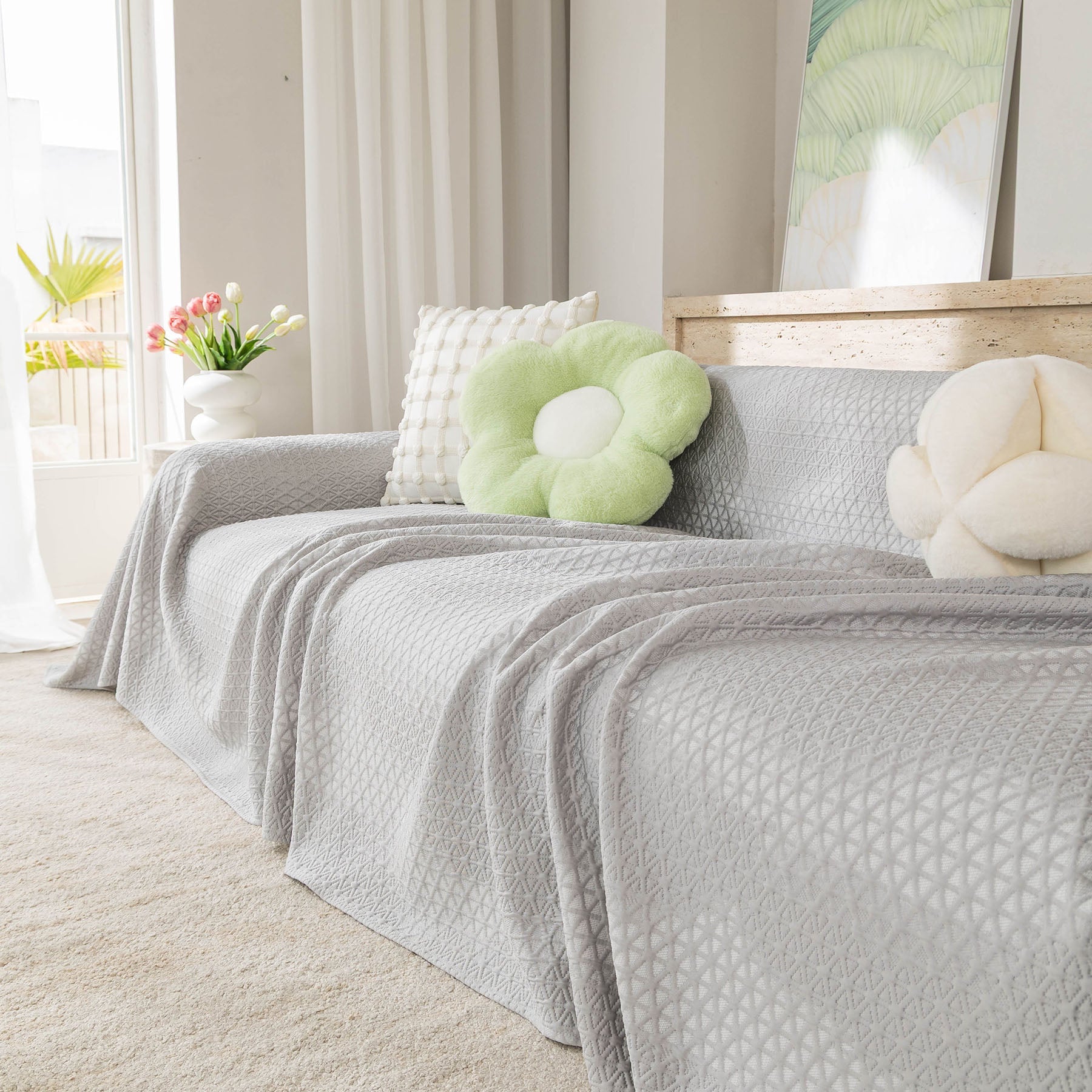 Cooling Ice Silk Sofa Throw Cover, Summer Diamond Textured Furniture Protector Blanket