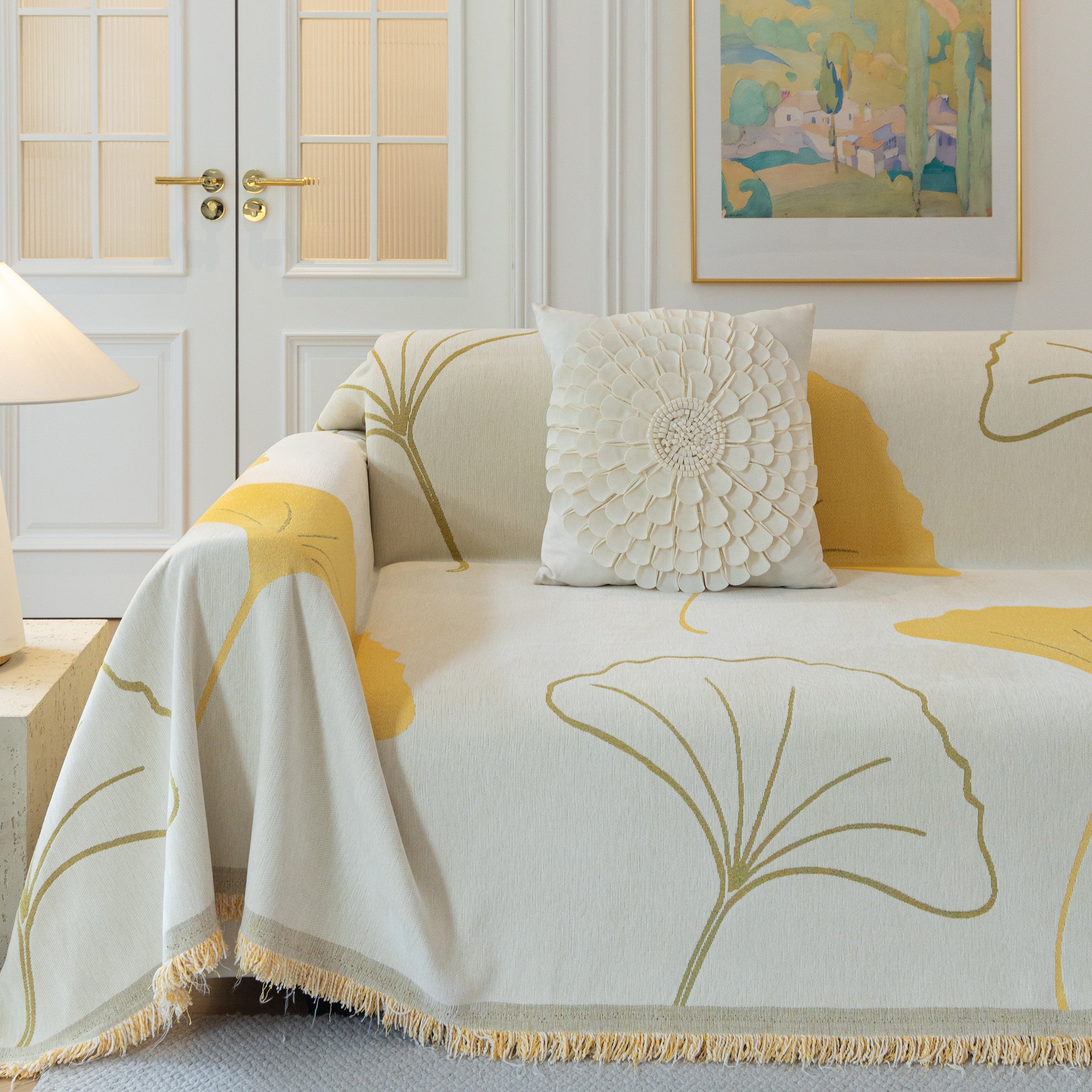 Cozy Couch Throw Blanket with Tassels, Jacquard Leaf Pattern Furniture Protector