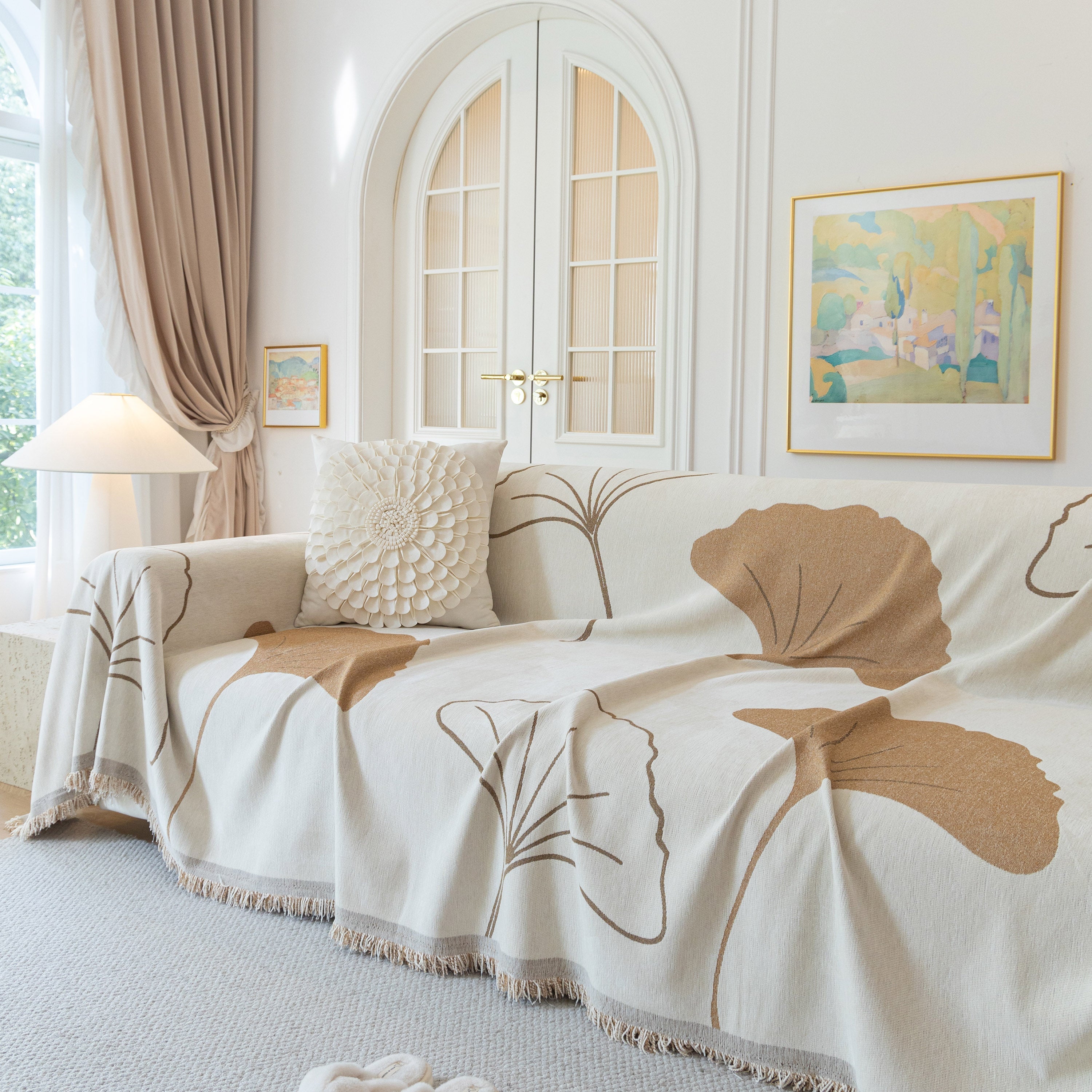 Cozy Couch Throw Blanket with Tassels, Jacquard Leaf Pattern Furniture Protector