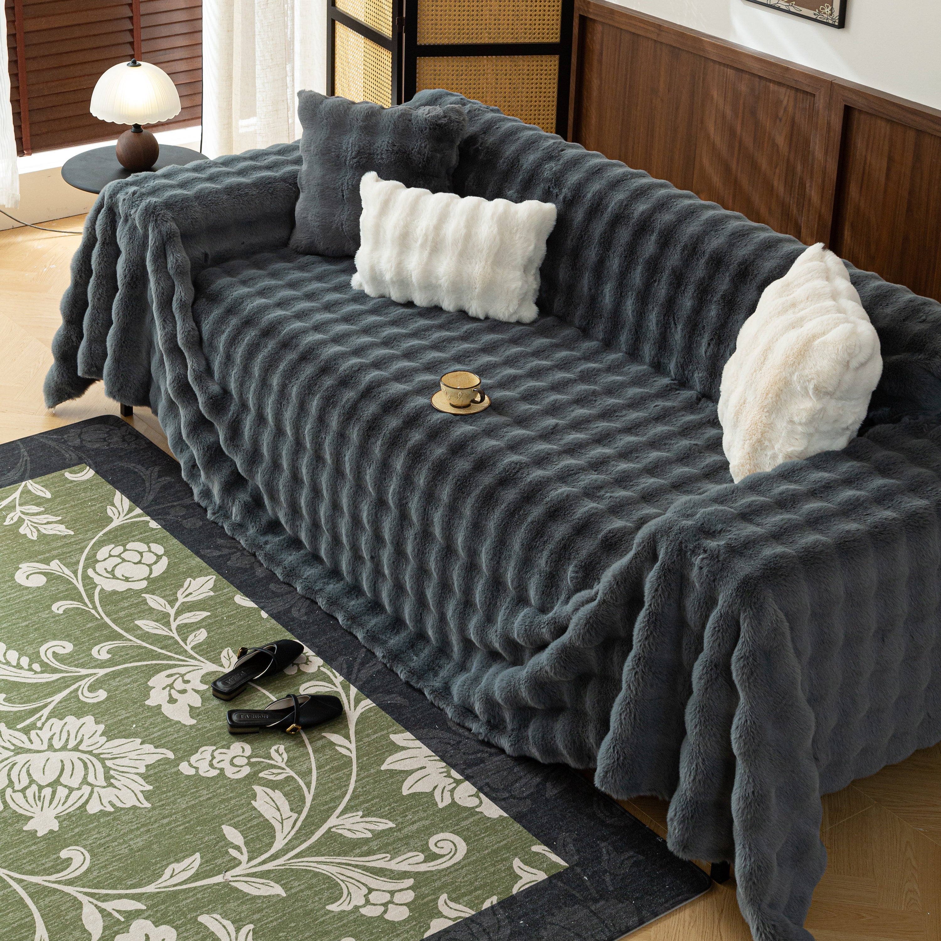 Thick Faux Fur Sofa Cover Fluffy Plush Warm Sofa Slipcover Furniture Protector for Couch Bed