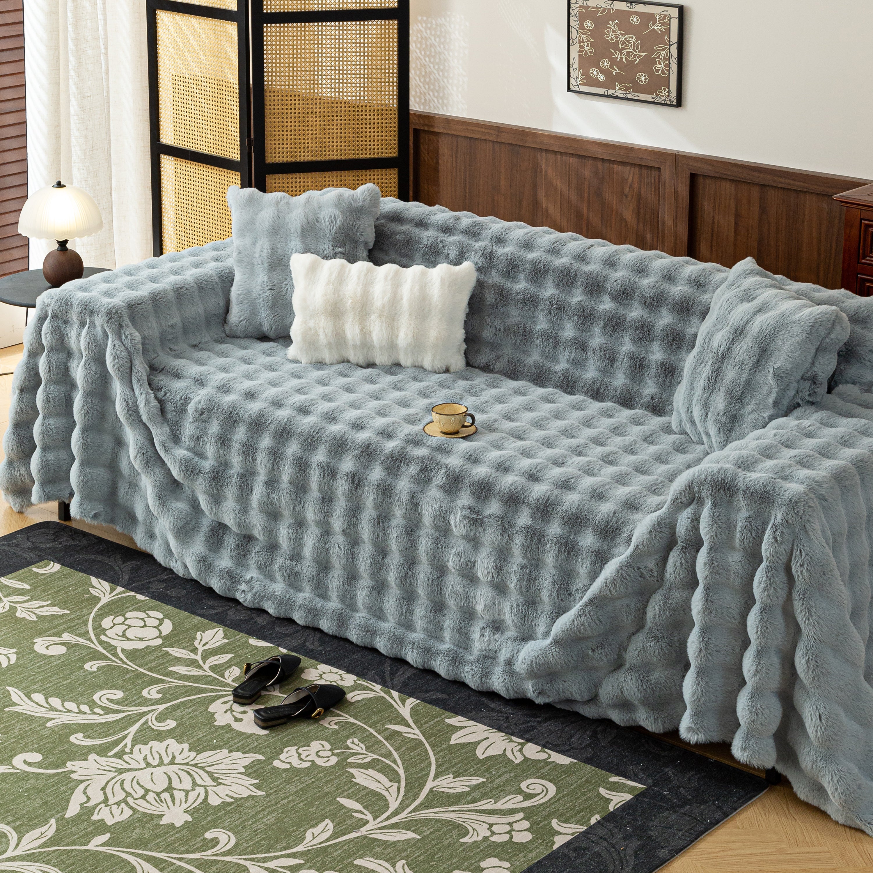 Thick Faux Fur Sofa Cover Fluffy Plush Warm Sofa Slipcover Furniture Protector for Couch Bed