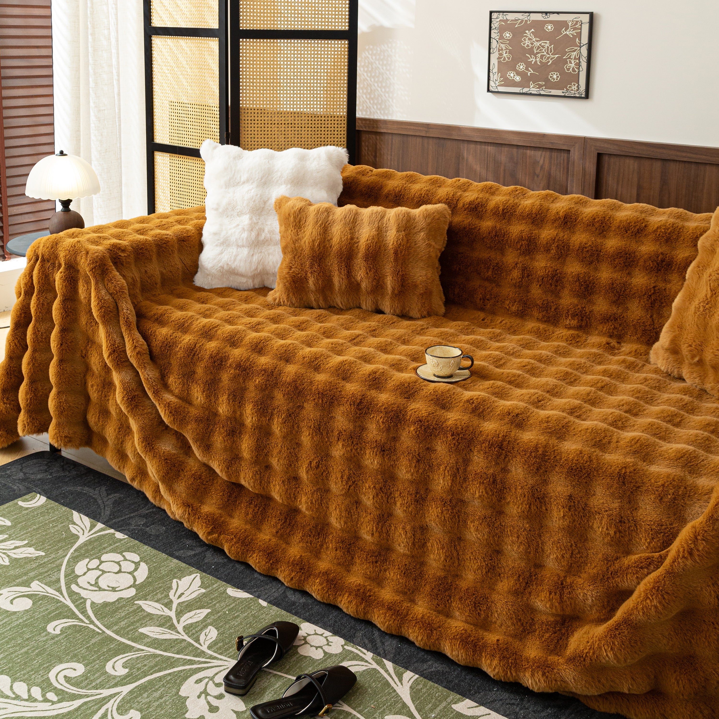 Thick Faux Fur Sofa Cover Fluffy Plush Warm Sofa Slipcover Furniture Protector for Couch Bed