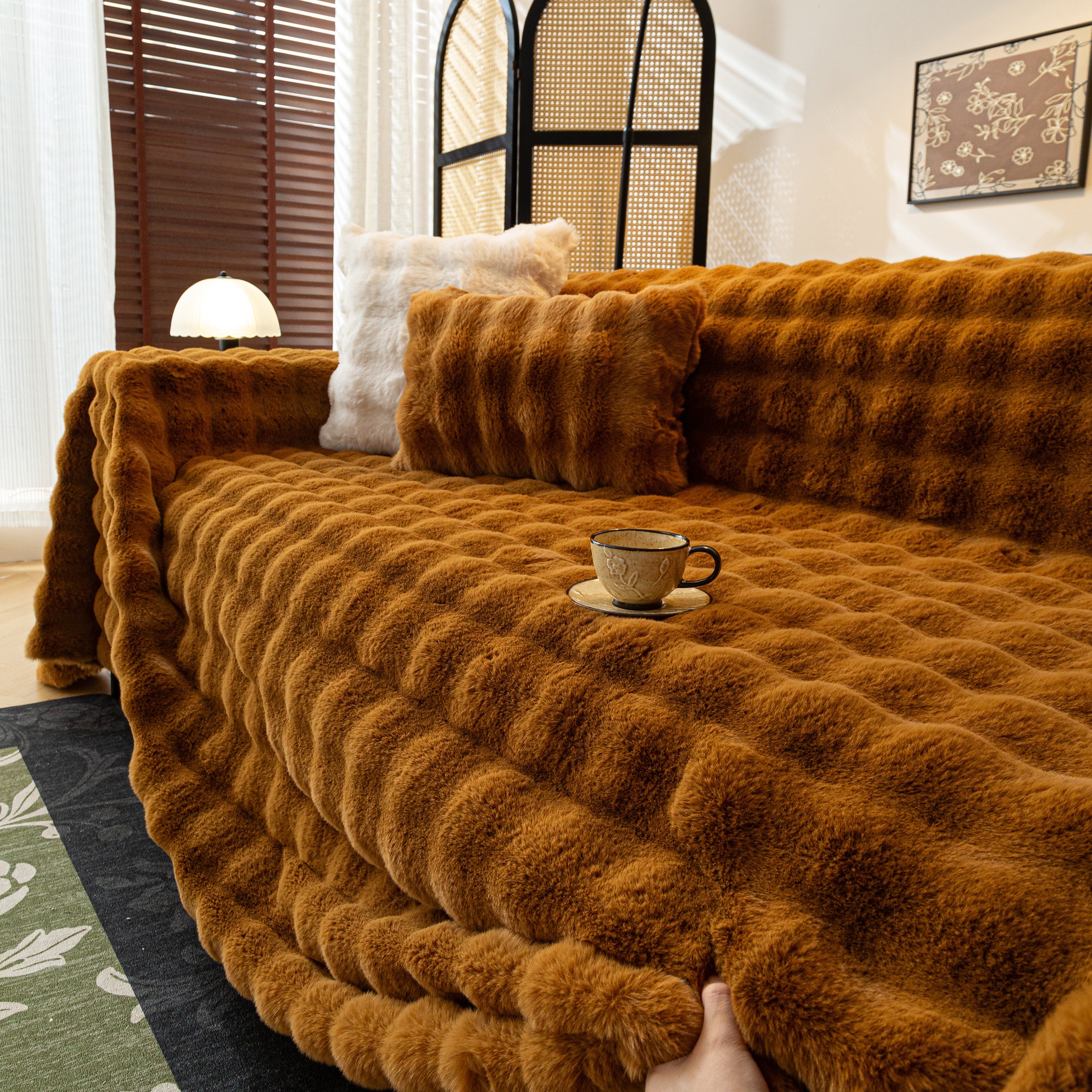 Thick Faux Fur Sofa Cover Fluffy Plush Warm Sofa Slipcover Furniture Protector for Couch Bed