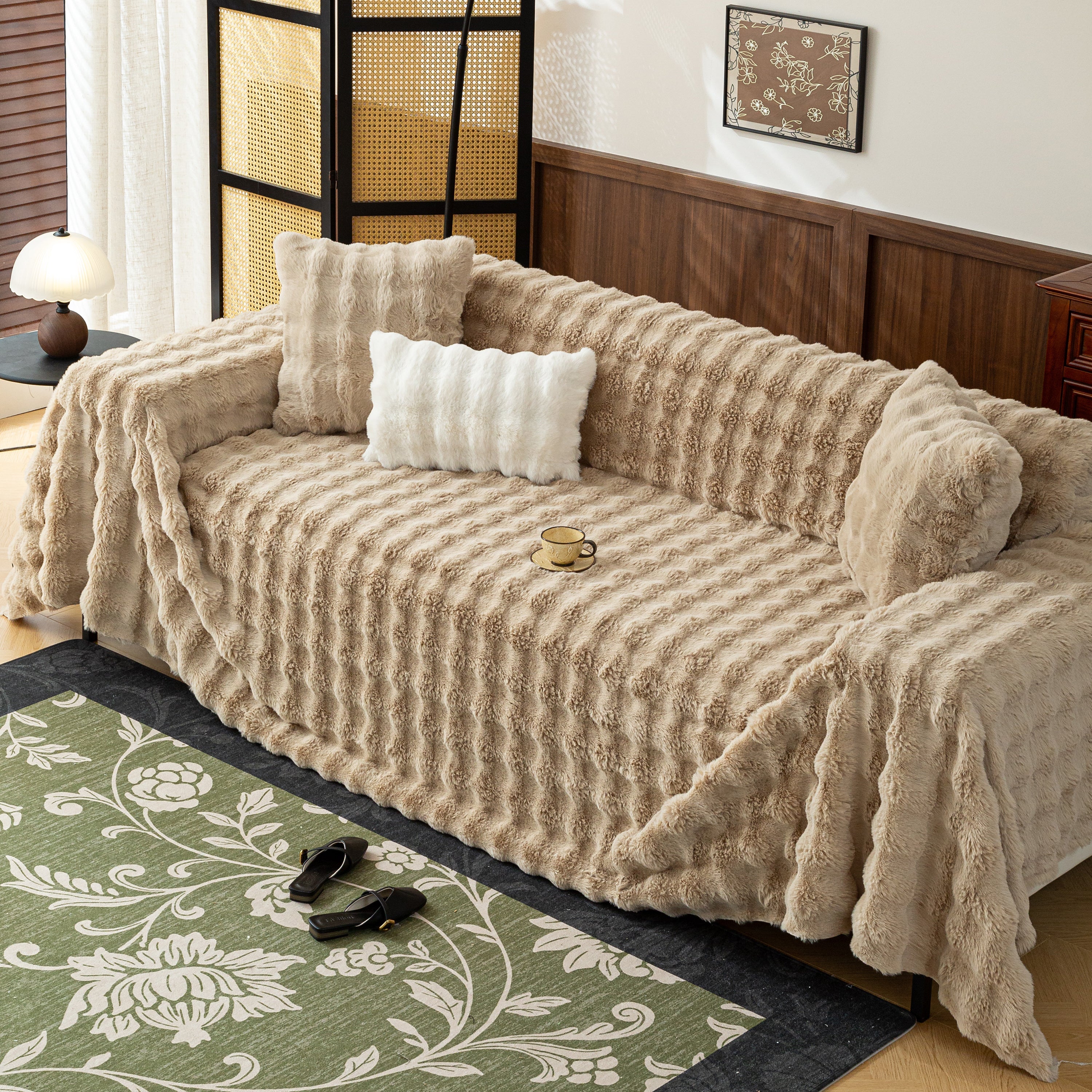 Thick Faux Fur Sofa Cover Fluffy Plush Warm Sofa Slipcover Furniture Protector for Couch Bed