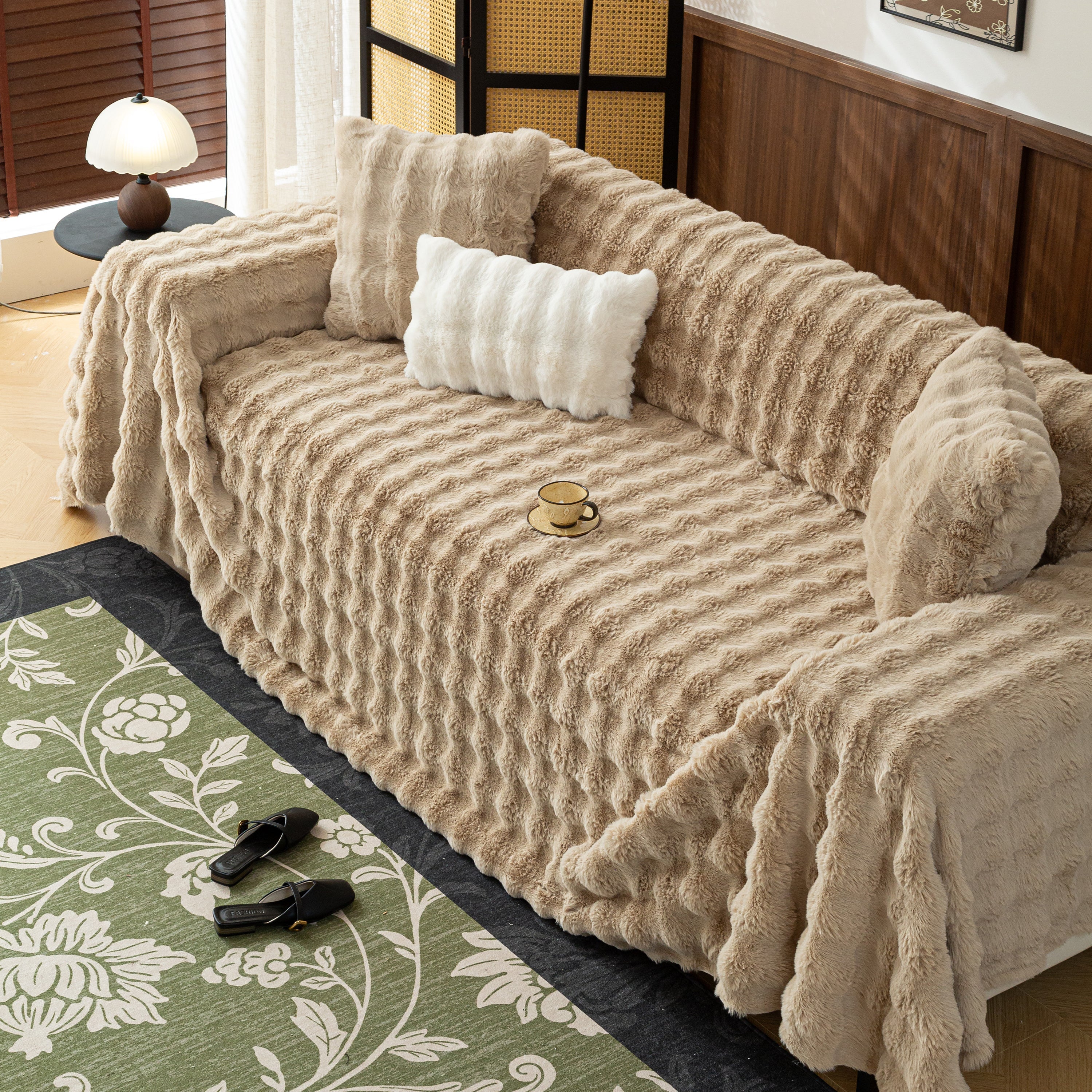 Thick Faux Fur Sofa Cover Fluffy Plush Warm Sofa Slipcover Furniture Protector for Couch Bed