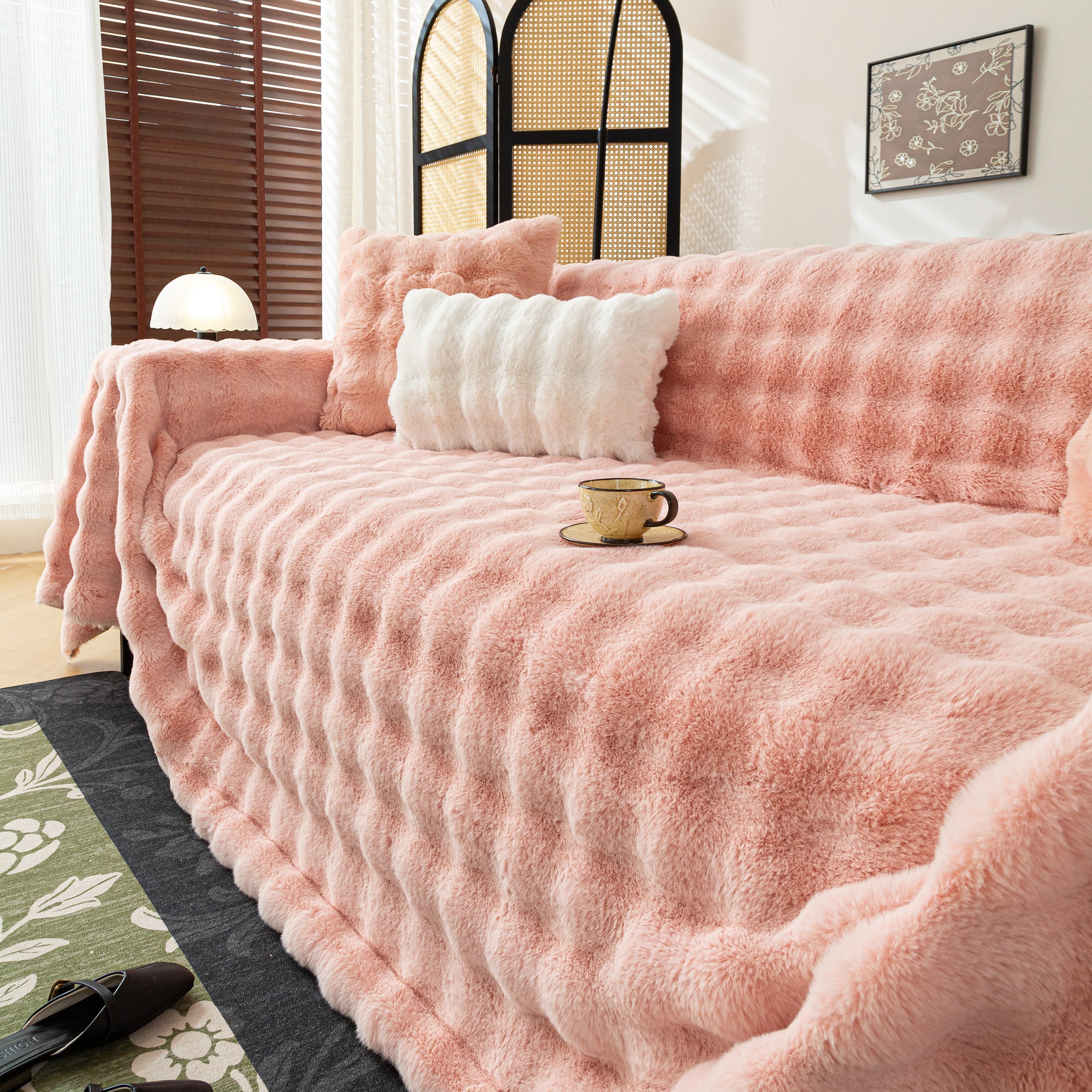 Thick Faux Fur Sofa Cover Fluffy Plush Warm Sofa Slipcover Furniture Protector for Couch Bed