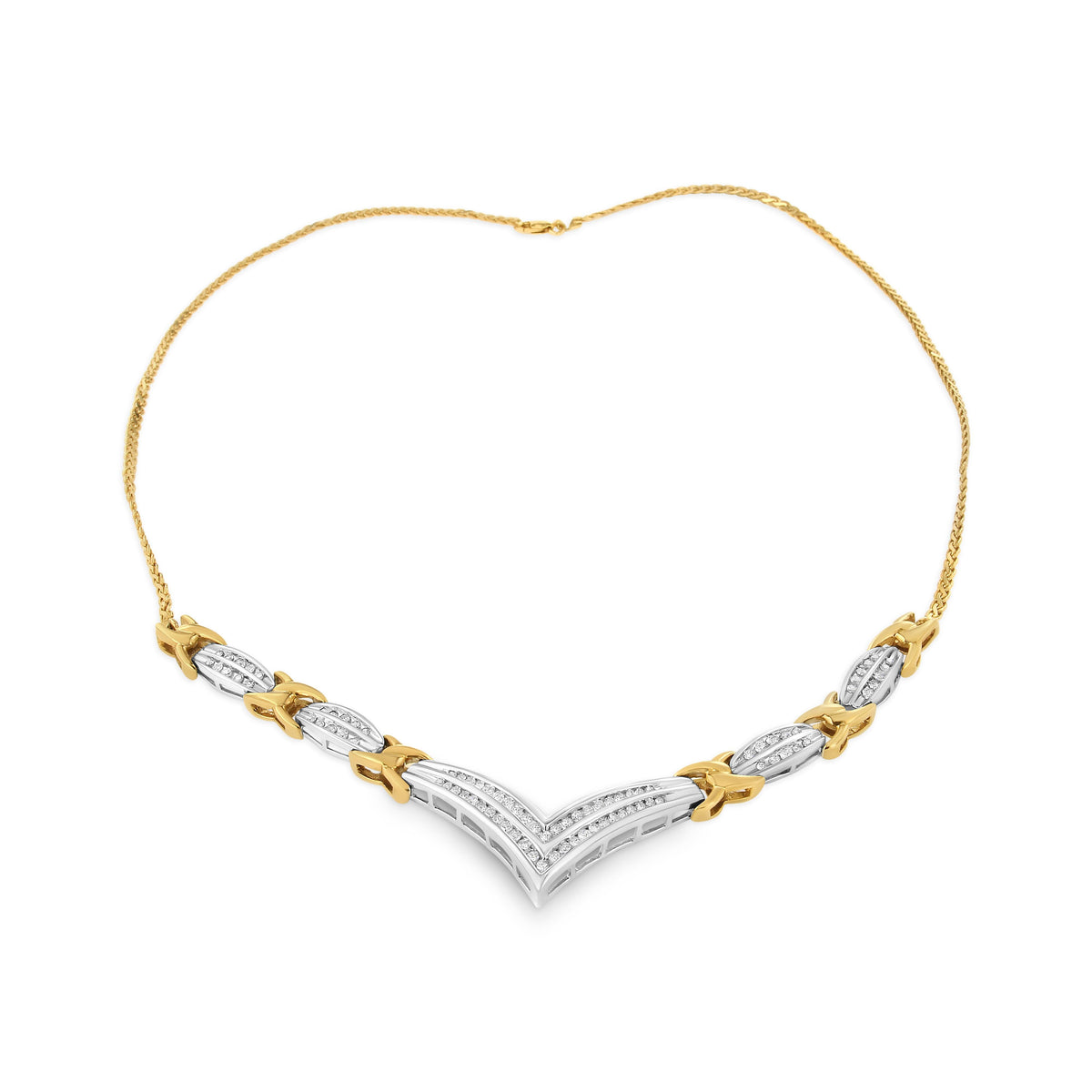 10K Yellow and White Gold 1.0 Cttw Round and Princess cut Diamond "V" Shape Statement Necklace (I-J Color, I1-I2 Clarity)