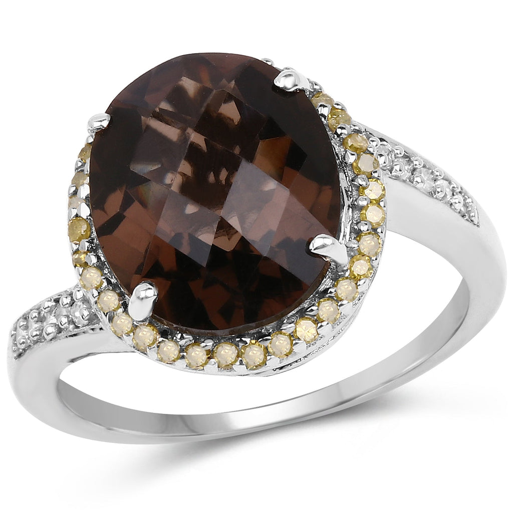 4.85 Carat Genuine Smoky Quartz, Yellow Diamond & White Diamond .925 Sterling Silver Ring