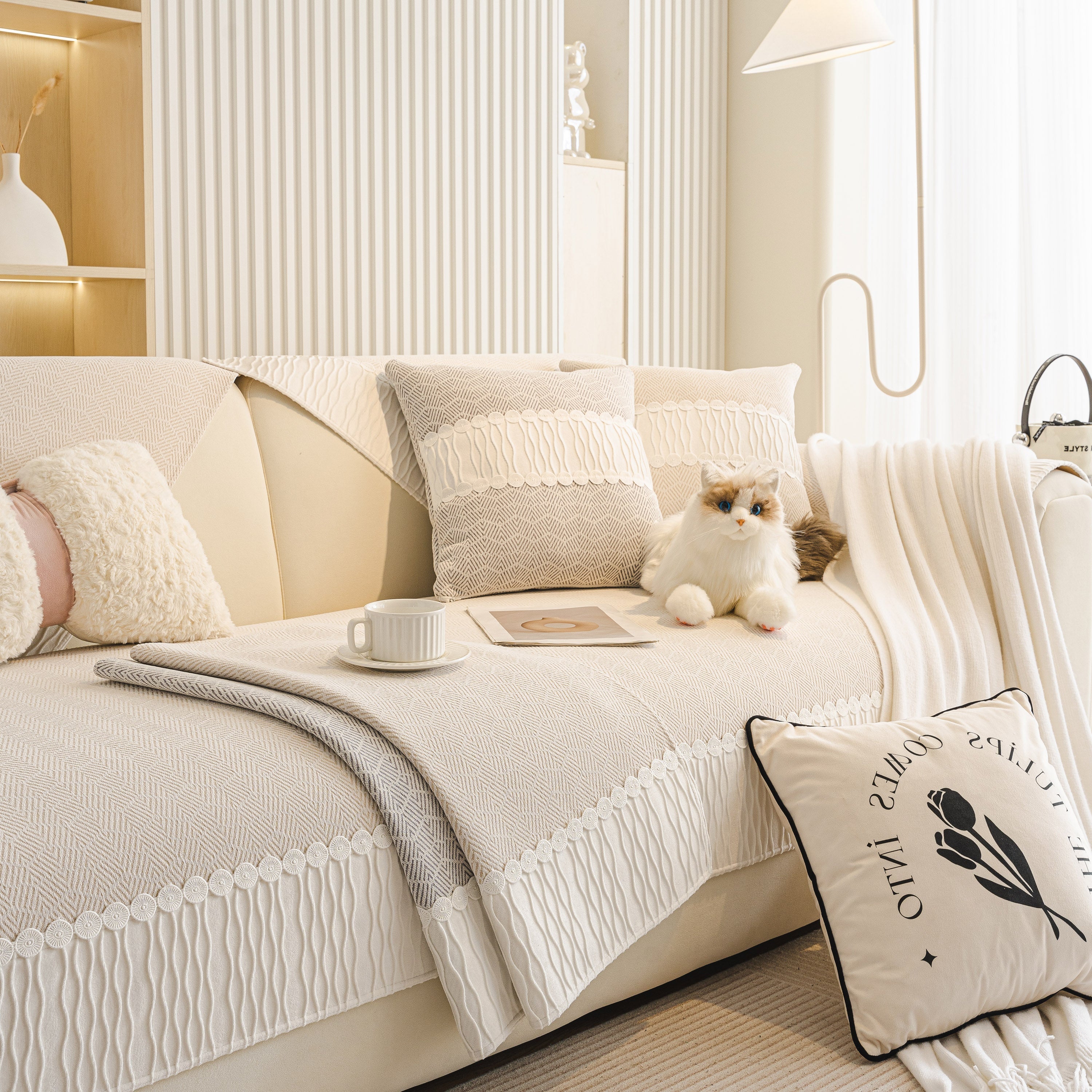 Herringbone Sofa Protector Cover, Non-Slip Couch Cover for Seat, Back & Arms