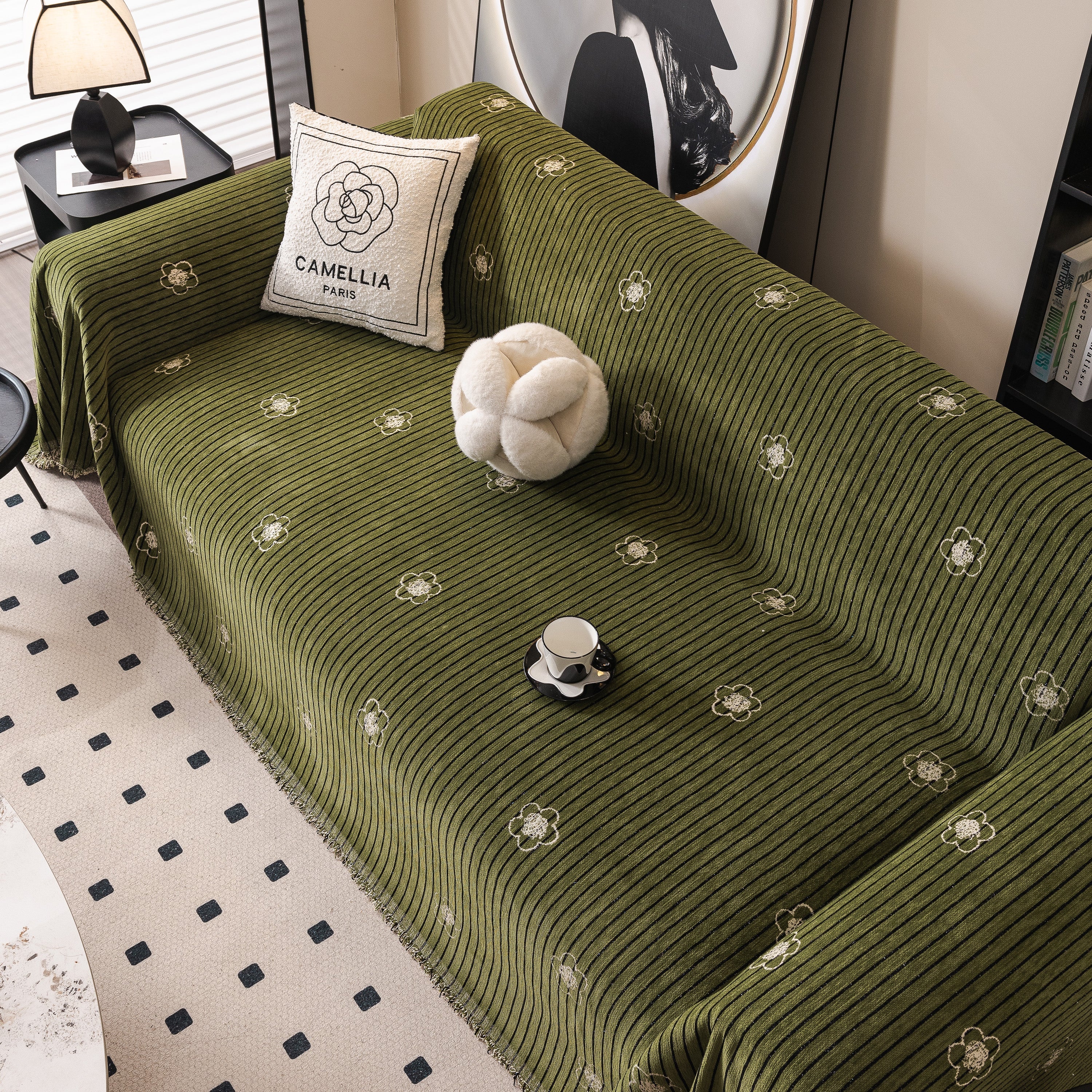 Chenille Camellia Floral Sofa Throw Cover Couch Blanket with Striped Jacquard