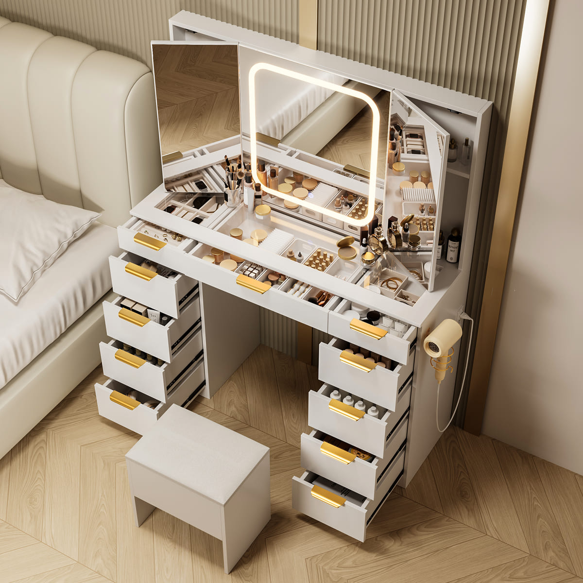 11-Drawer Vanity Desk with Tri-Fold LED Mirror & Glass Top