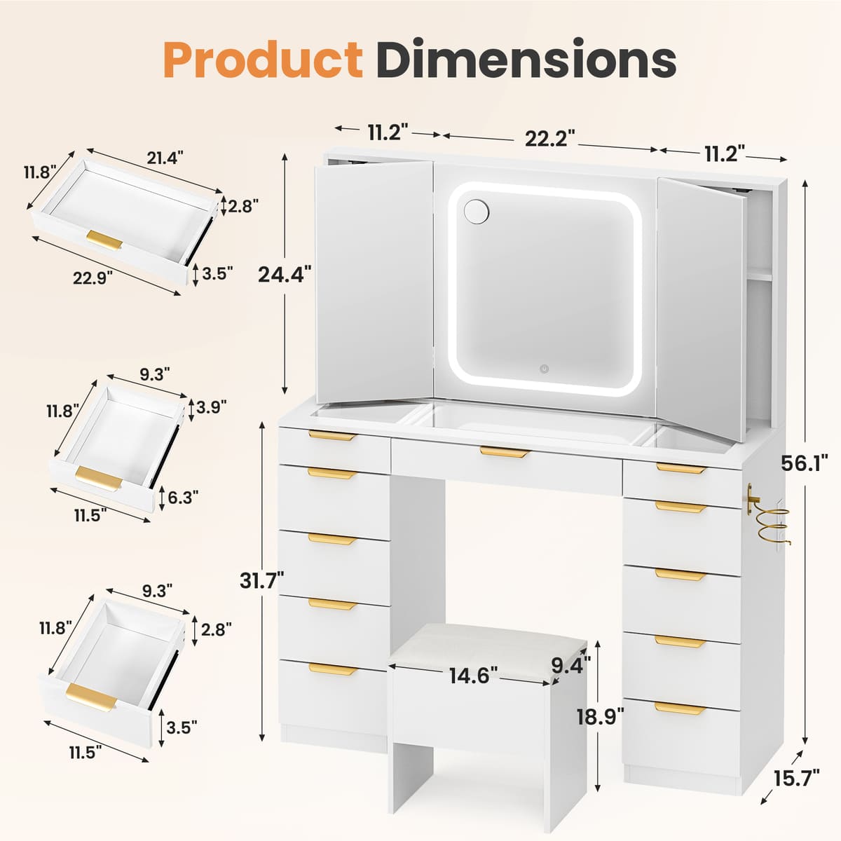 11-Drawer Vanity Desk with Tri-Fold LED Mirror & Glass Top