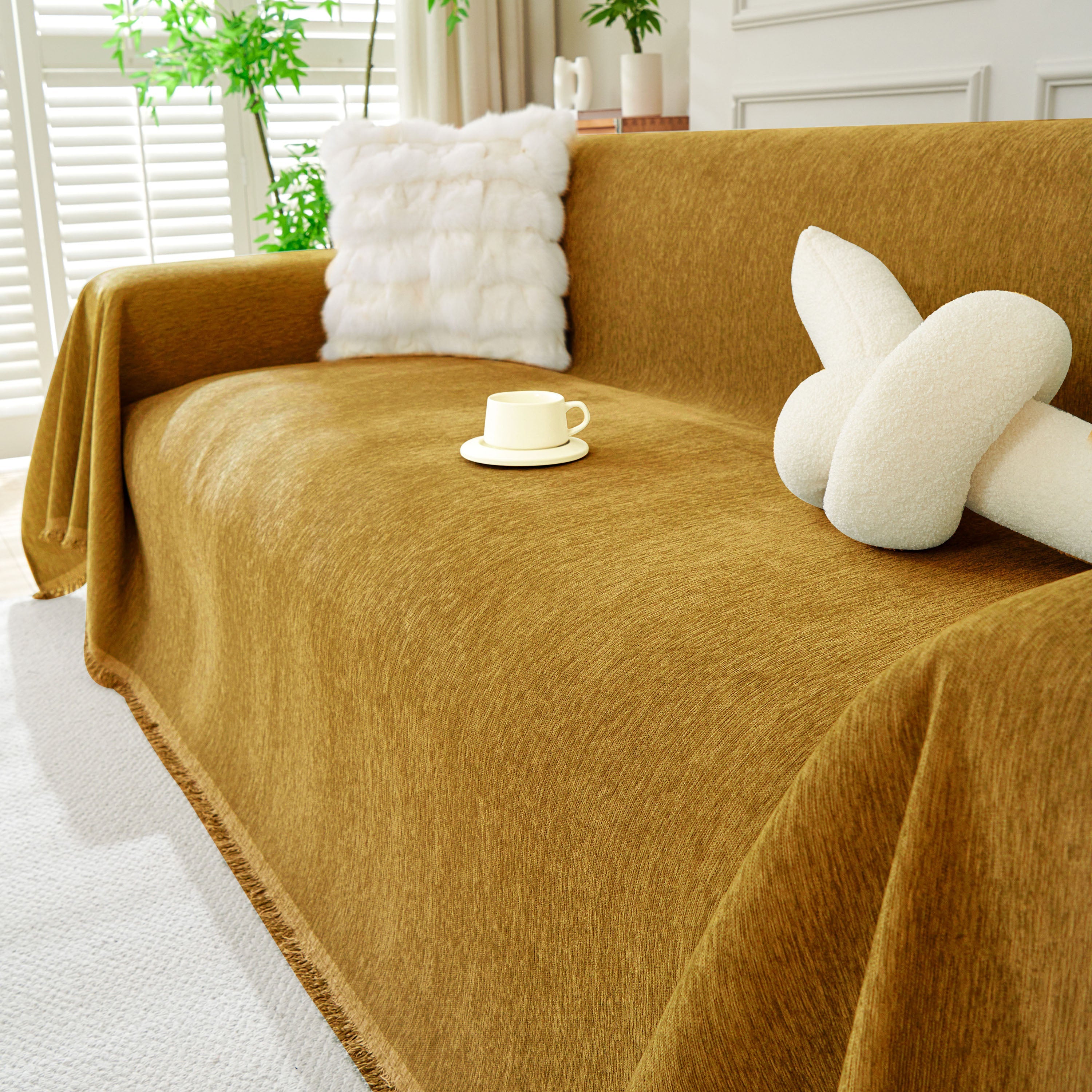 Solid Color Chenille Sofa Throw Blanket, Modern Decor Soft Couch Cover with Fringes