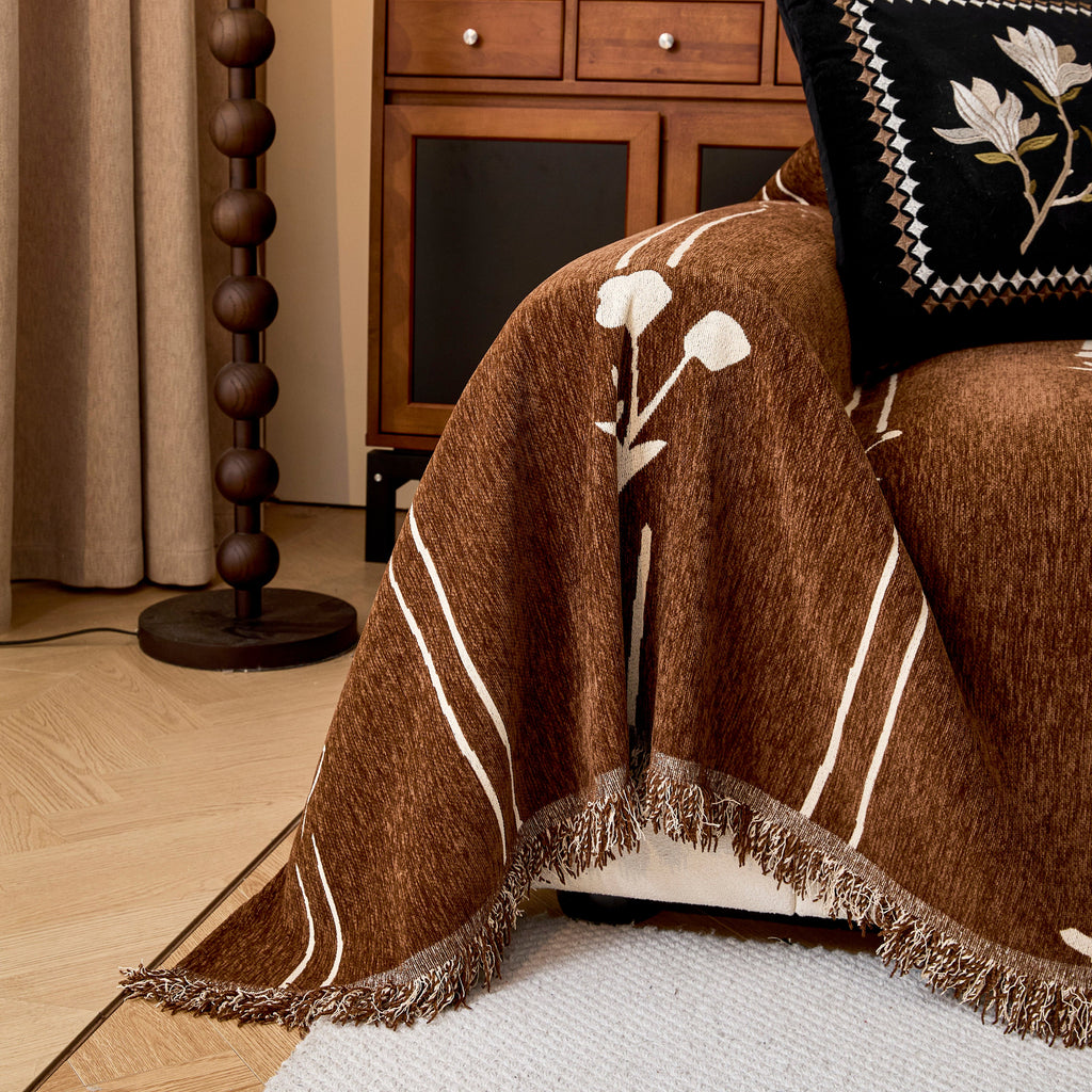 Chenille Jacquard Sofa Throw Cover with Tassel Soft Thick Couch Protector Blanket