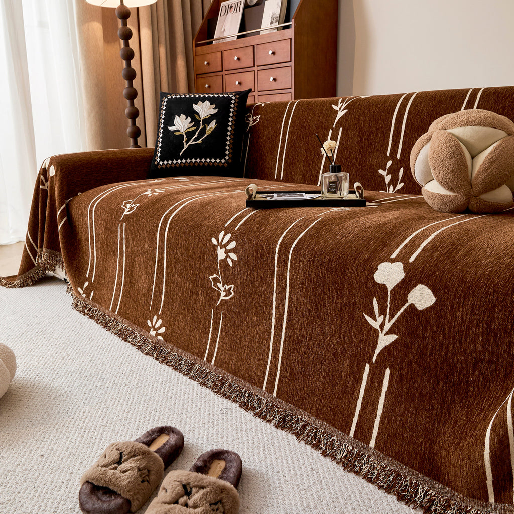Chenille Jacquard Sofa Throw Cover with Tassel Soft Thick Couch Protector Blanket