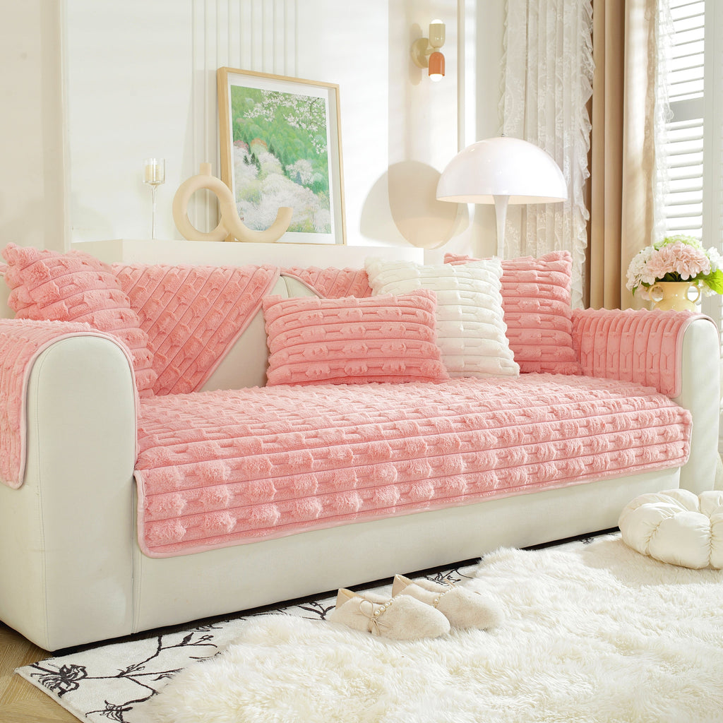 Bamboo-Style Sofa Towel, Faux Rabbit Fur Thickened Non-slip Seat Cushion Covers